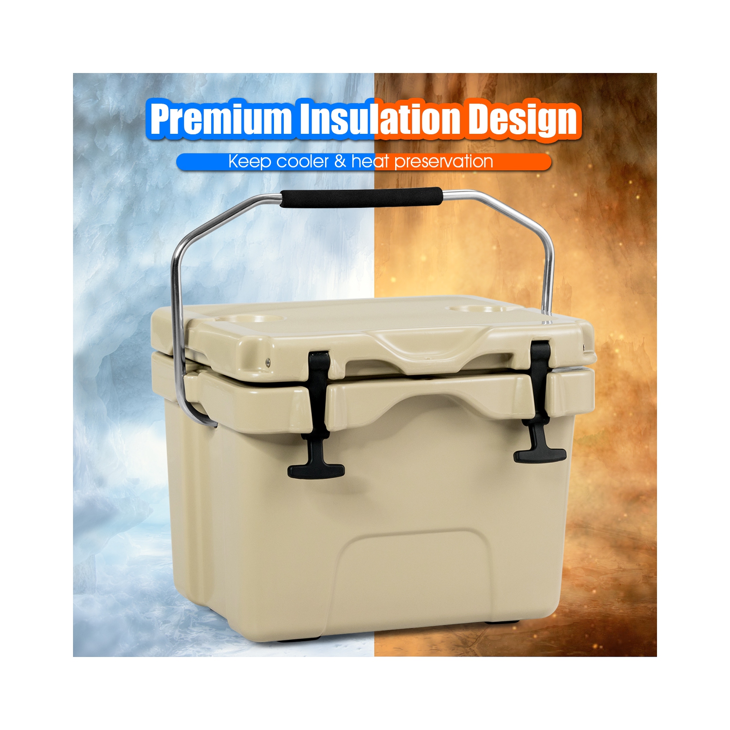 Costway 16 Quart Cooler Portable Ice Chest Leak-Proof 24 Cans Ice Box for Camping Khaki