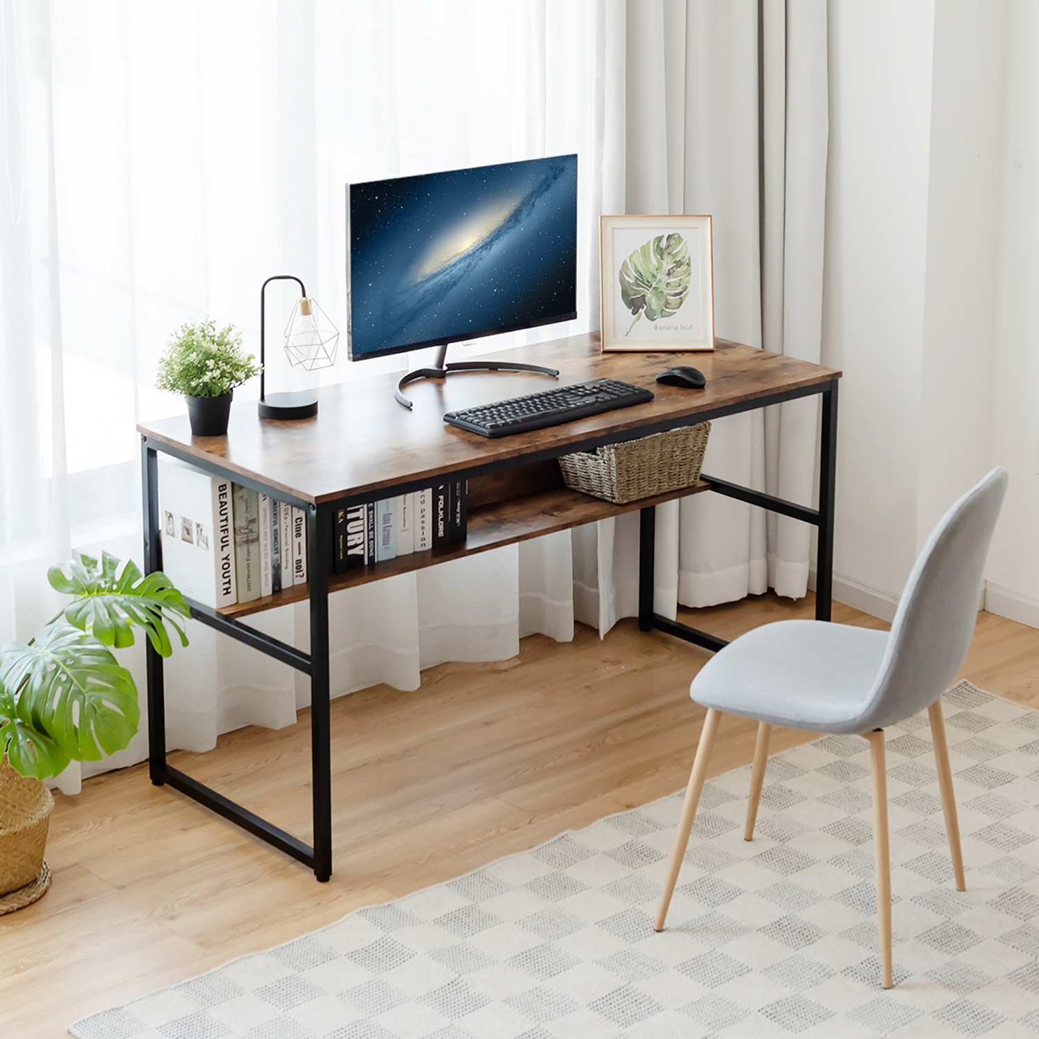 Costway 55'' Industrial Computer Desk w/ Storage Shelf Adjustable Foot Pads Home Office