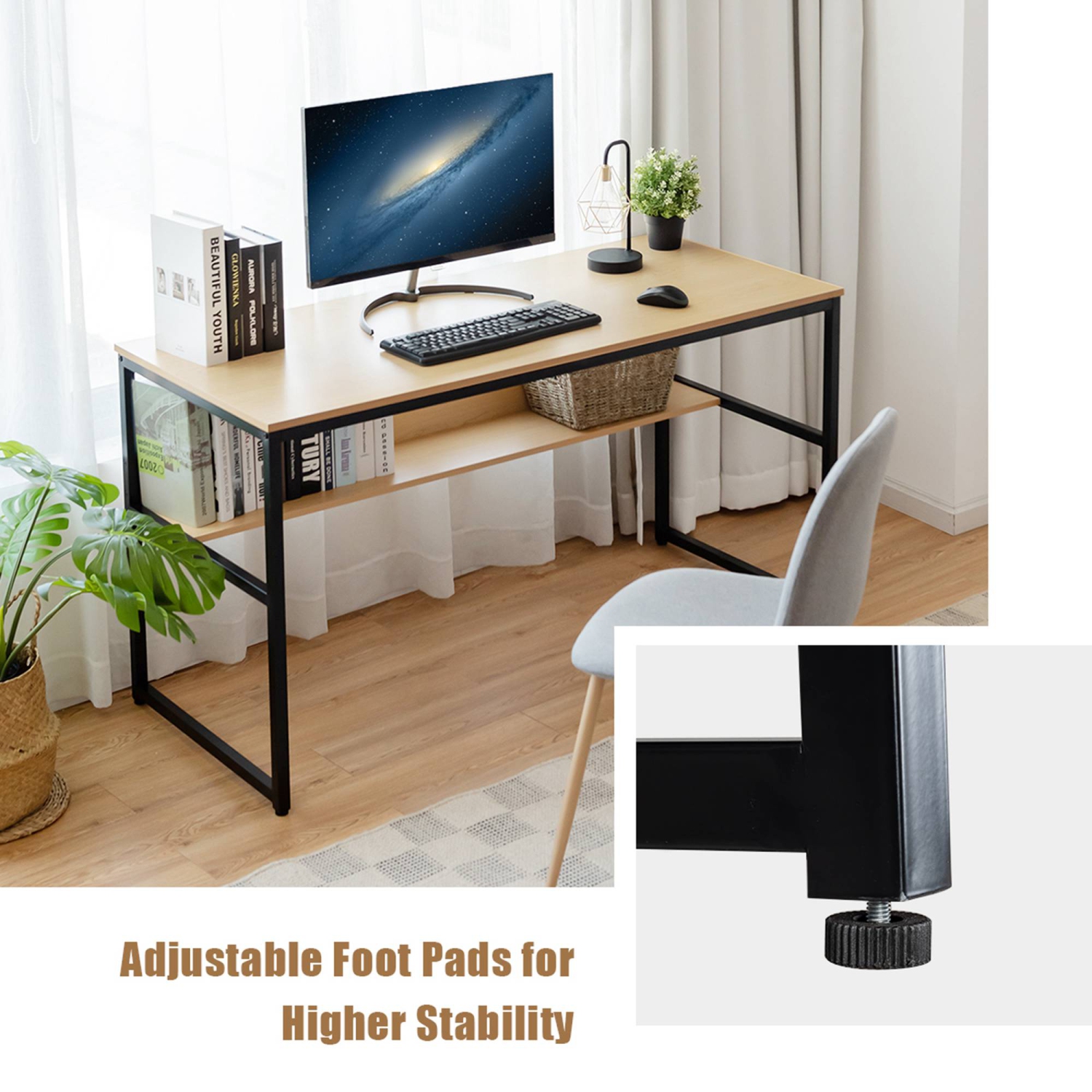 Costway 55'' Industrial Computer Desk w/ Storage Shelf Adjustable Foot Pads Home Office