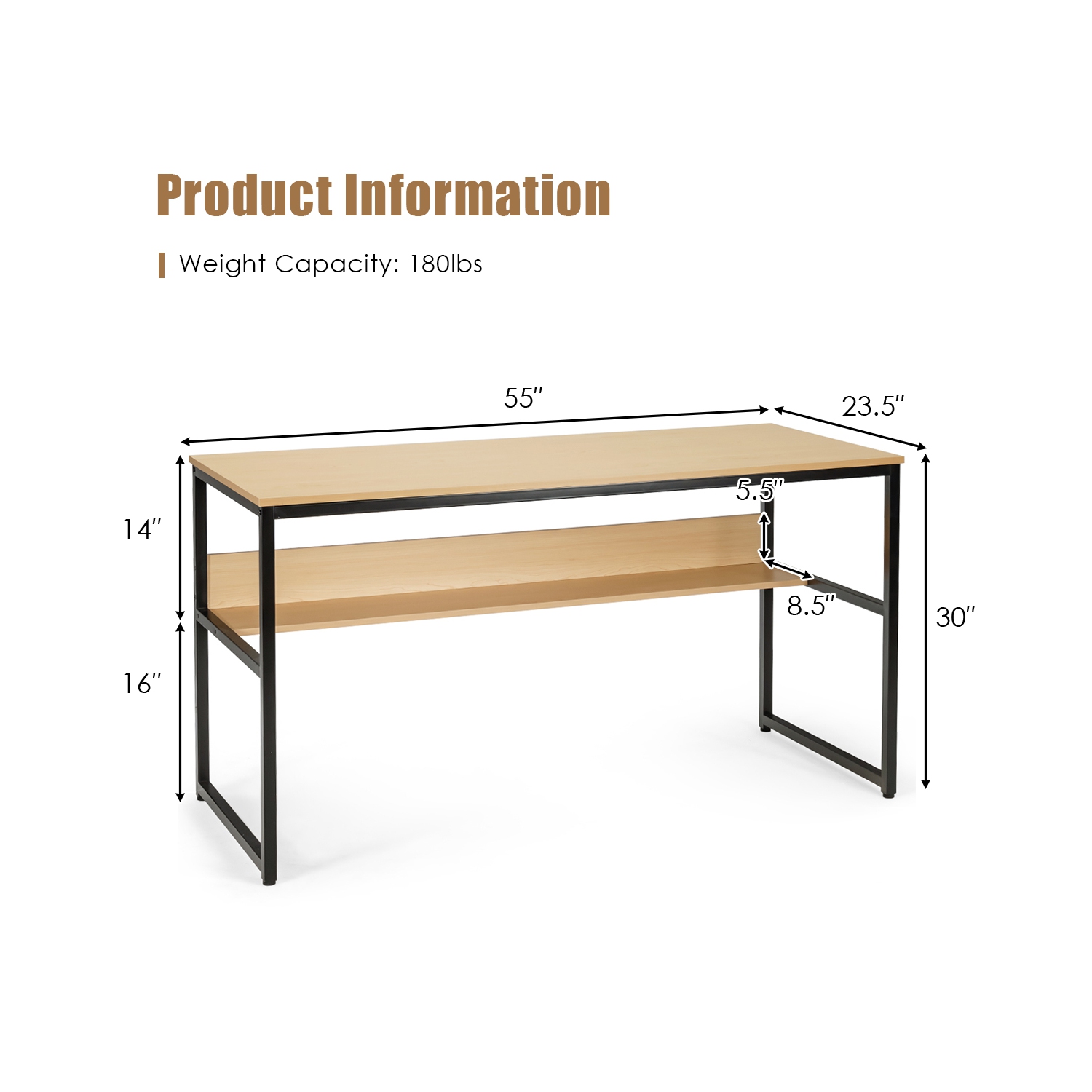 Costway 55'' Industrial Computer Desk w/ Storage Shelf Adjustable Foot Pads Home Office