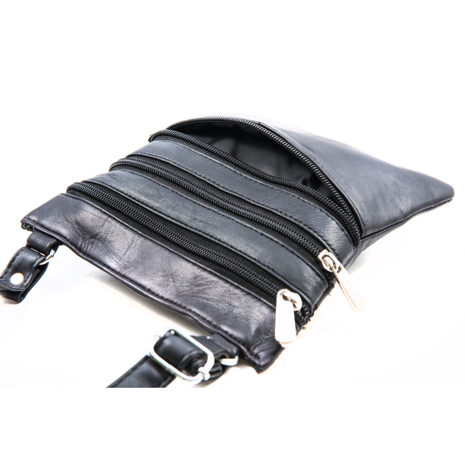 CHAMPS – Sac à bandoulière en cuir à trois fermetures à glissière, noir