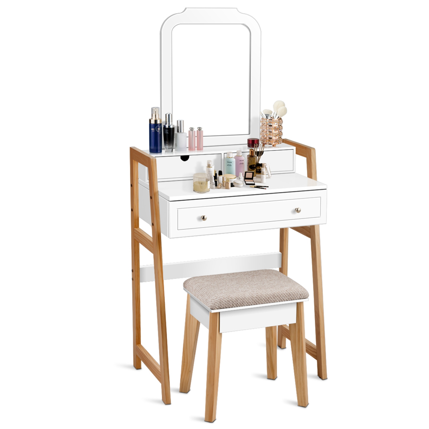 Costway Makeup Vanity Table w/ 3 Drawers & Mirror Dressing table and Cushioned Stool Set