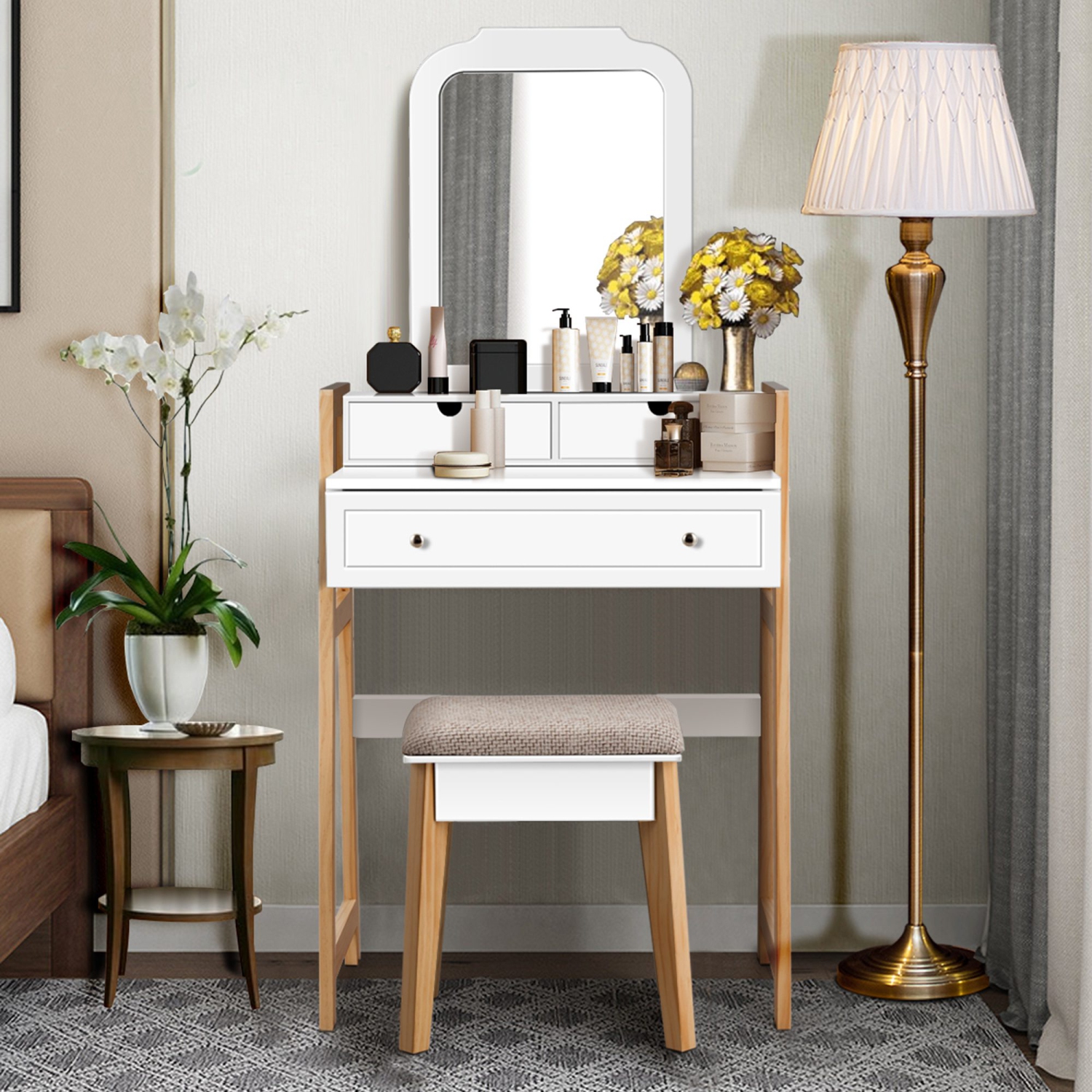 Costway Makeup Vanity Table w/ 3 Drawers & Mirror Dressing table and Cushioned Stool Set