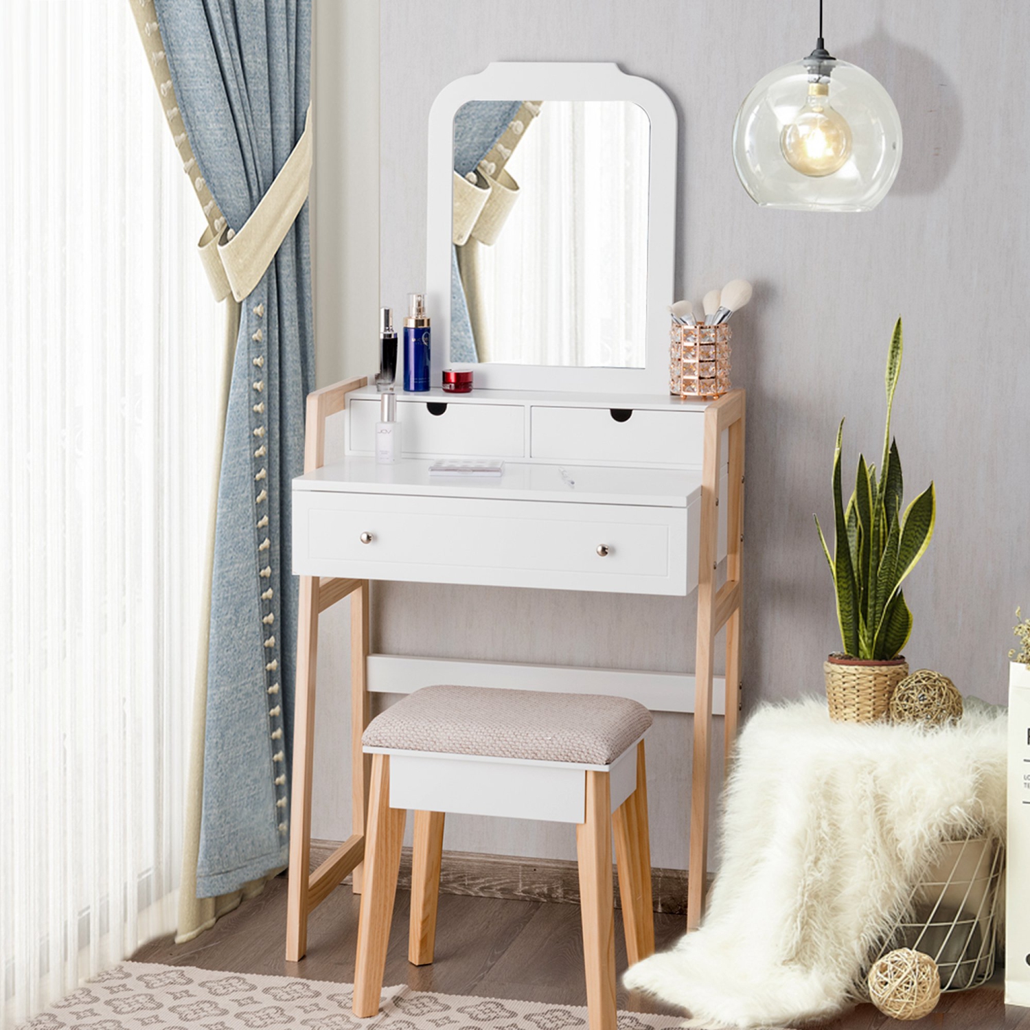 Costway Makeup Vanity Table w/ 3 Drawers & Mirror Dressing table and Cushioned Stool Set