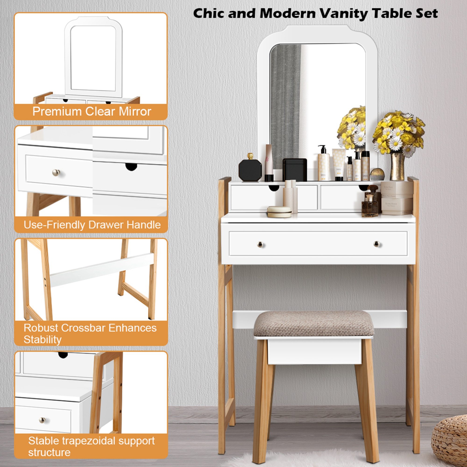 Costway Makeup Vanity Table w/ 3 Drawers & Mirror Dressing table and Cushioned Stool Set
