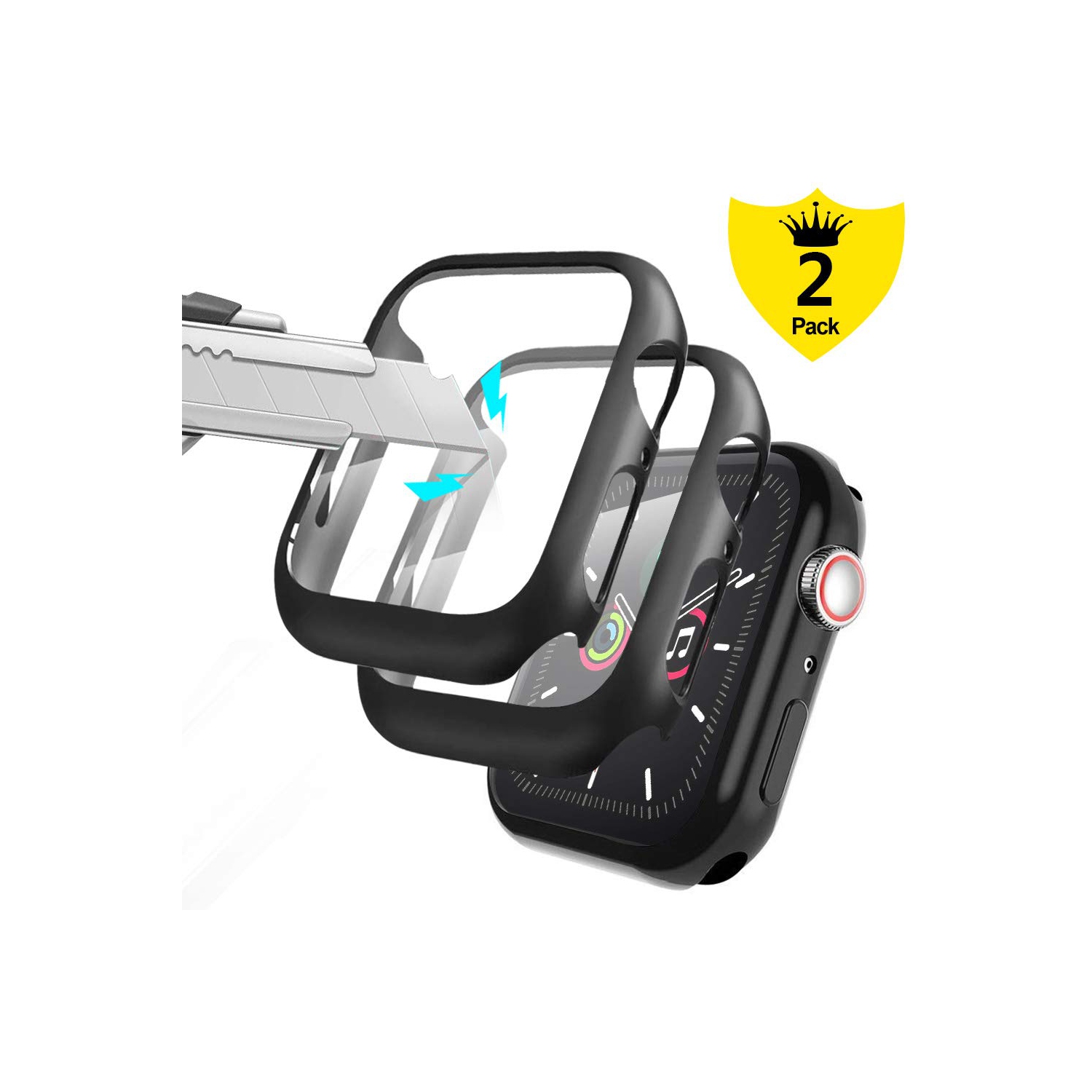 Alinsea Screen Protector for Apple Watch 44mm Series 4/5/6/ SE Tempered Glass 2 Pack Full Coverage Bumper Hard Case