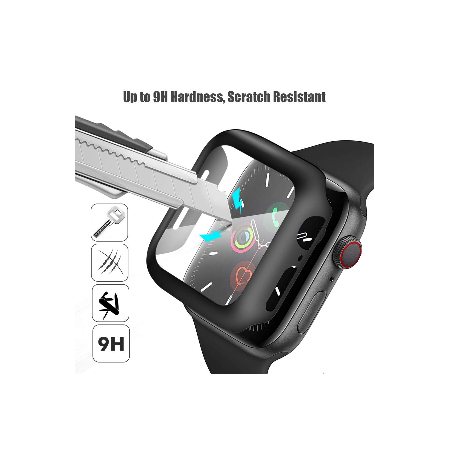 Alinsea Screen Protector for Apple Watch 44mm Series 4/5/6/ SE Tempered Glass 2 Pack Full Coverage Bumper Hard Case