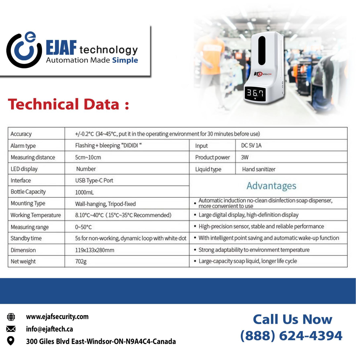 Distributeur intelligent de savon/désinfectant pour les mains avec sonde de température intégrée K9 - Blanc