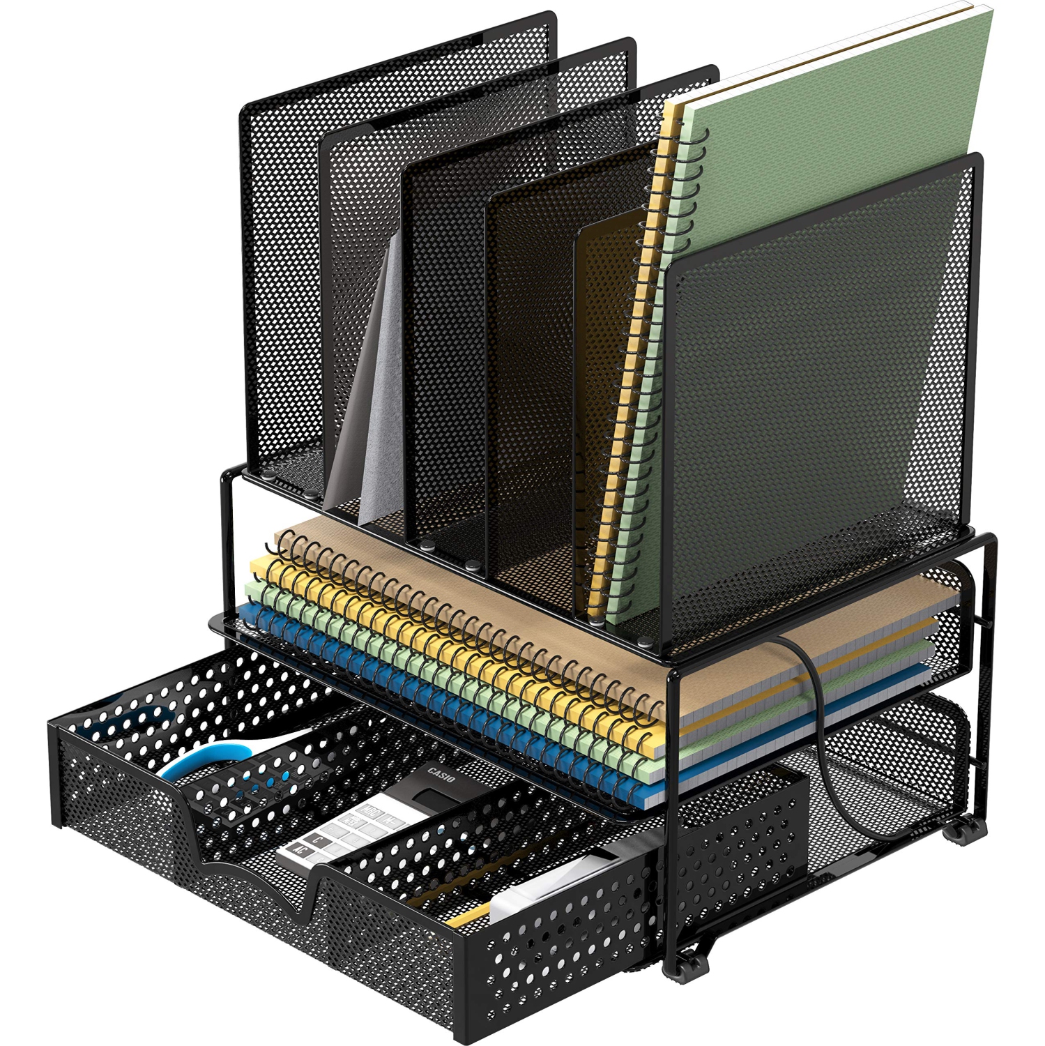 SimpleHouseware Mesh Desk Organizer with Sliding Drawer, Double Tray and 5 Upright Sections, Black