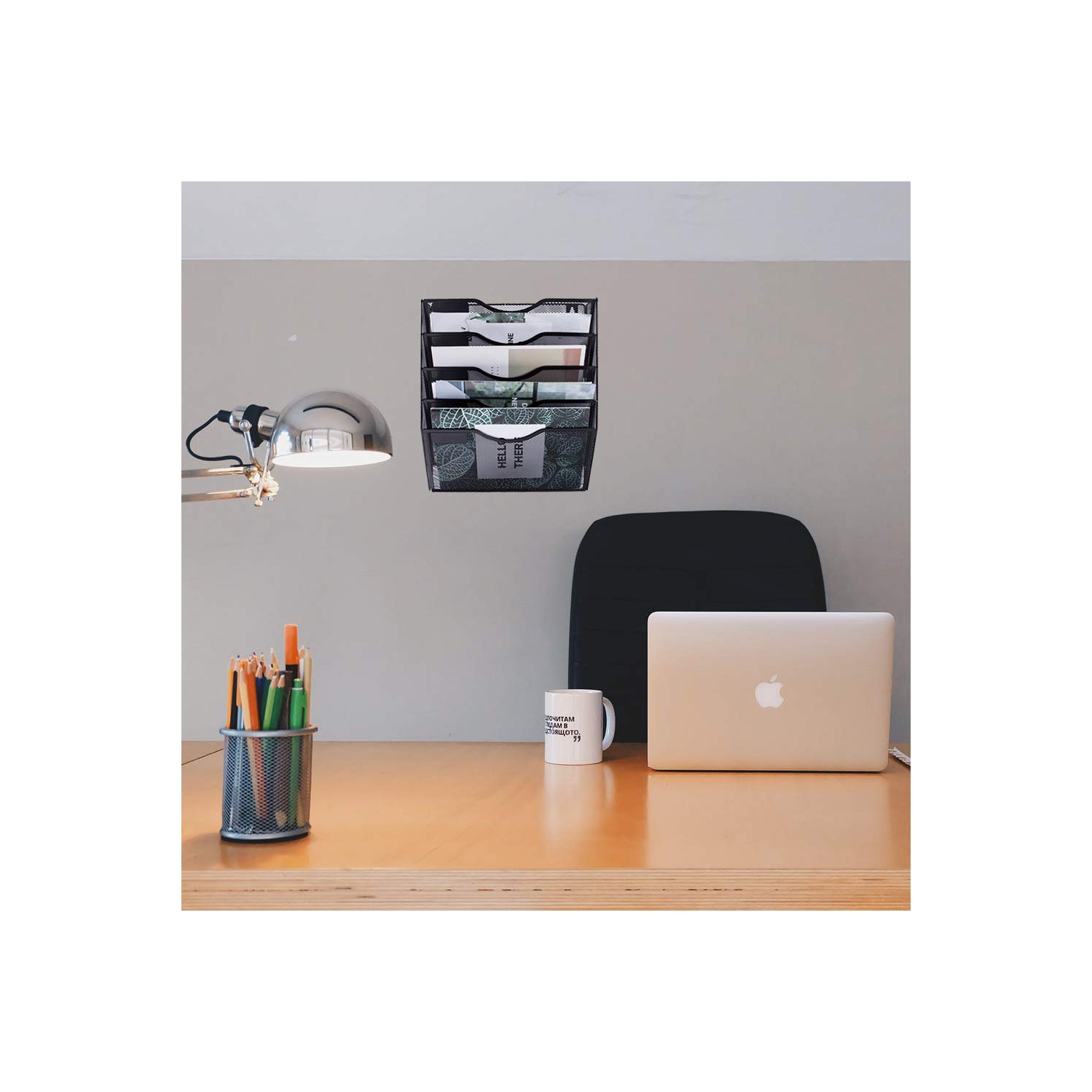 EASEPRES 5 Pockets Mesh Wall File Holder Organizer Office Hanging Magazine Rack, Black