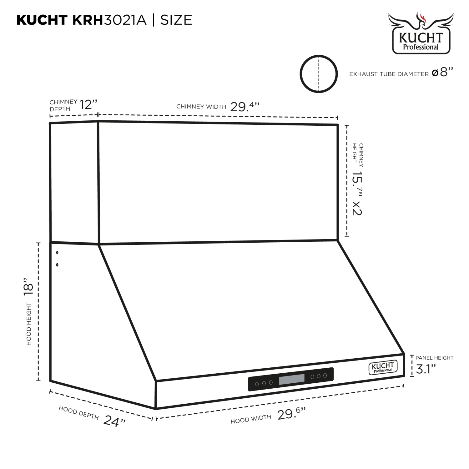 Hotte murale de 30 po KUCHT Professional, 900 pi3/min, acier inoxydable