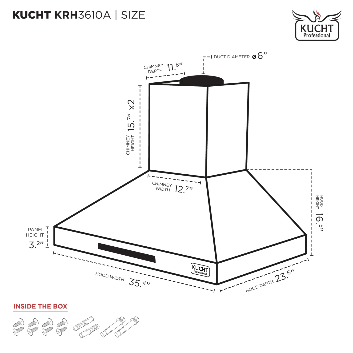 KUCHT Professional 36-inch 900 CFM Ducted Wall Mount Range Hood in Stainless Steel
