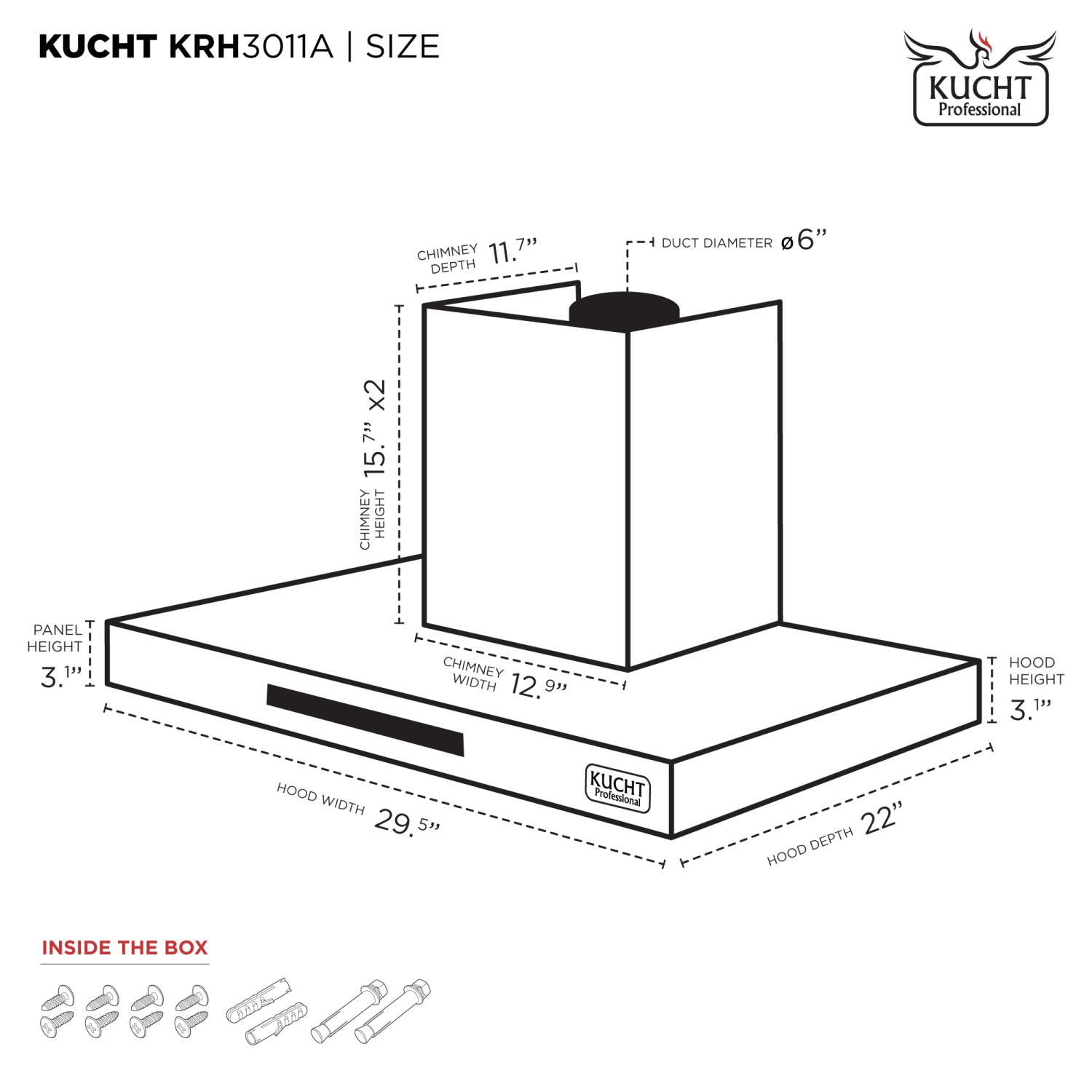 Hotte murale de 30&nbsp;po à conduit 900 pi3/min Professional de KUCHT, acier inoxydable