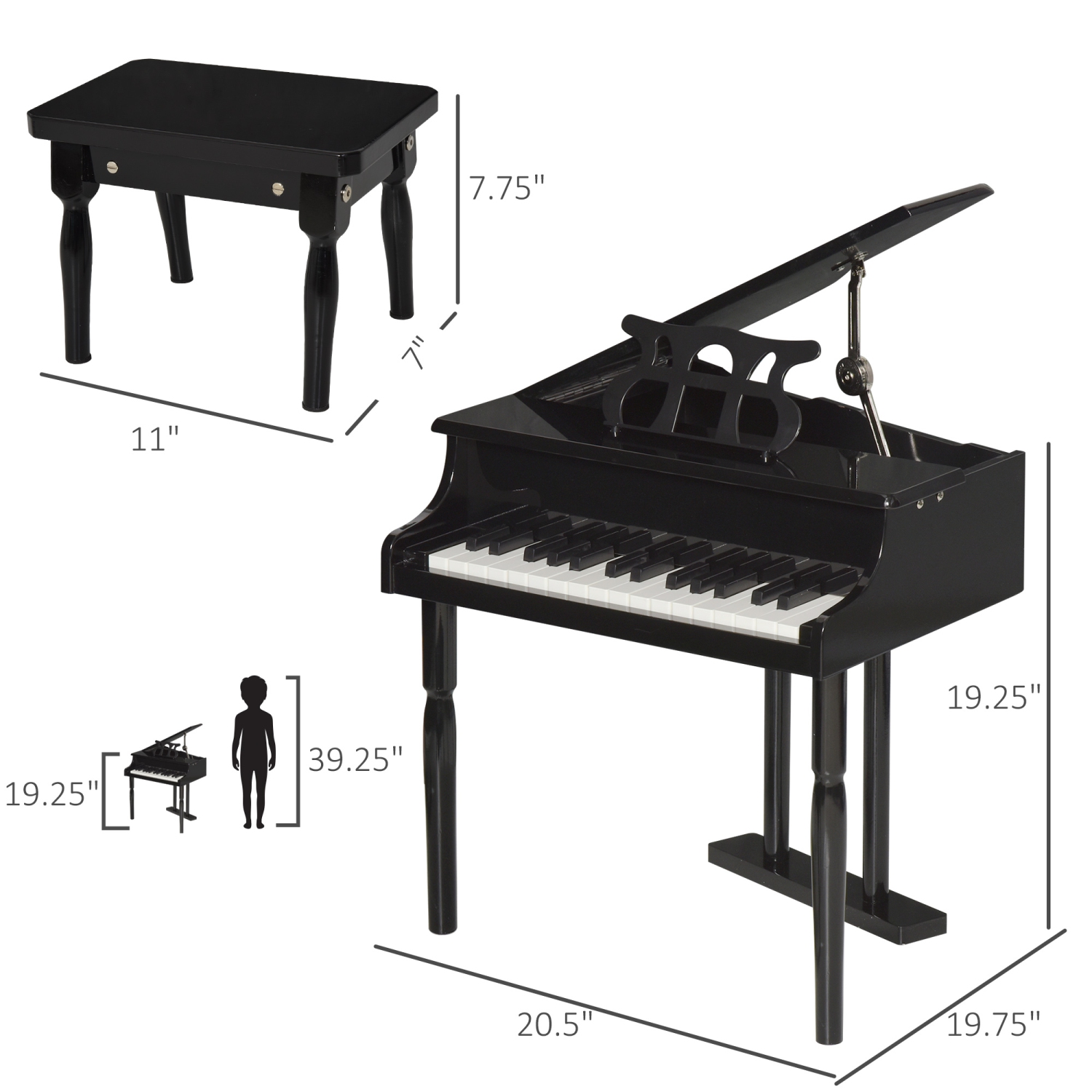 Piano moderne pour enfants HOMCOM, 30 touches, ensemble de 2, mini jouet pour enfant, piano à queue avec lutrin et banc, cadeau idéal, noir