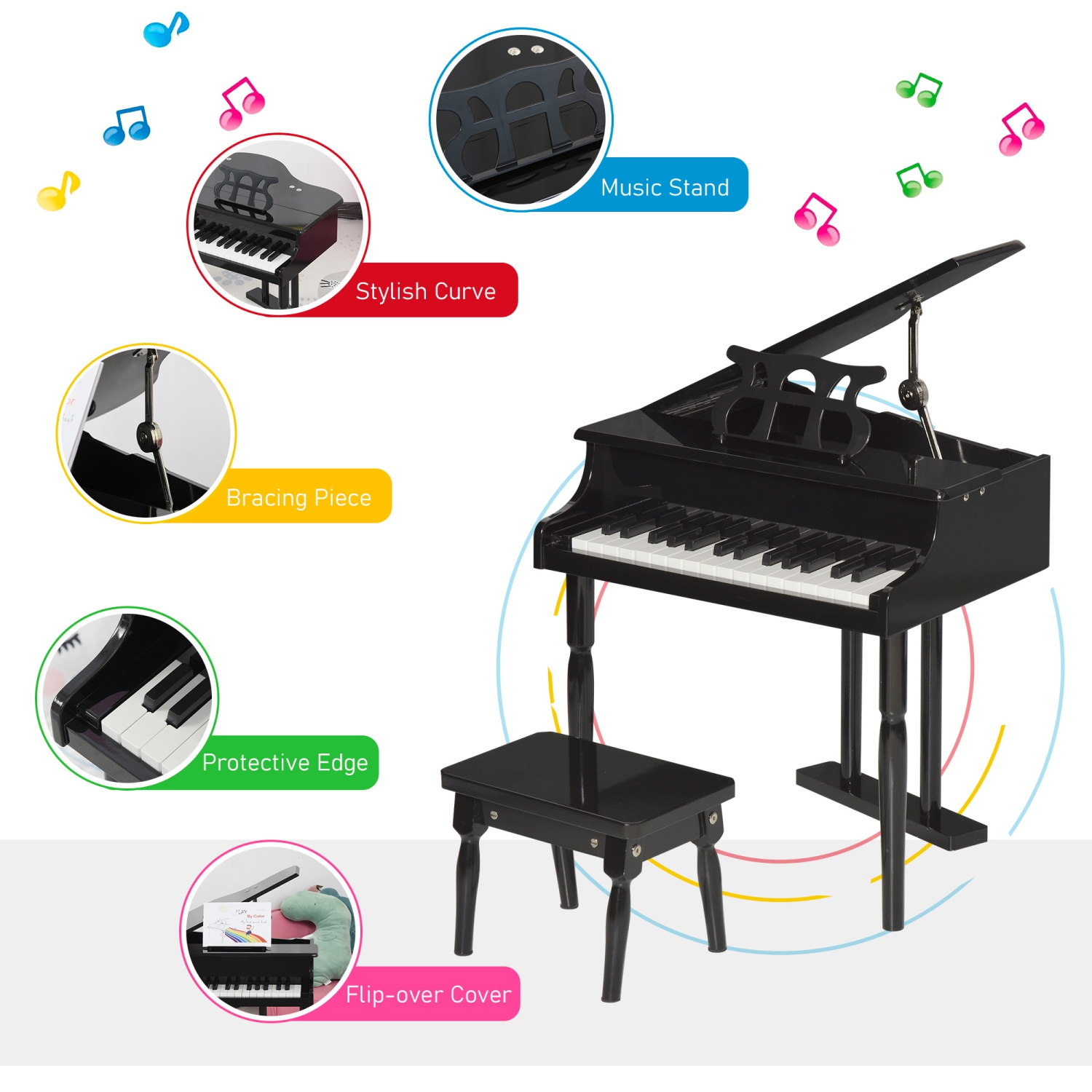 Piano moderne pour enfants HOMCOM, 30 touches, ensemble de 2, mini jouet pour enfant, piano à queue avec lutrin et banc, cadeau idéal, noir