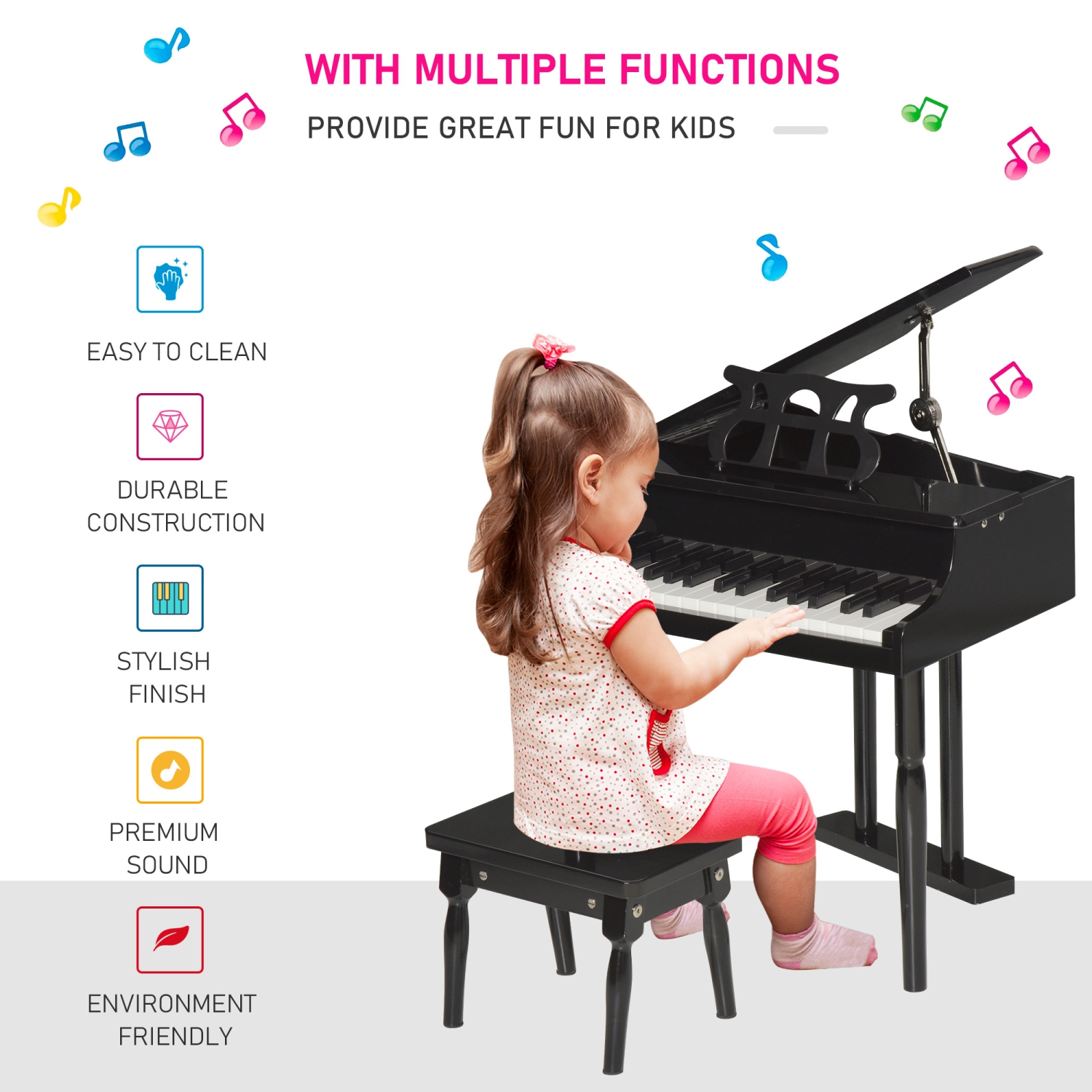 Piano moderne pour enfants HOMCOM, 30 touches, ensemble de 2, mini jouet pour enfant, piano à queue avec lutrin et banc, cadeau idéal, noir