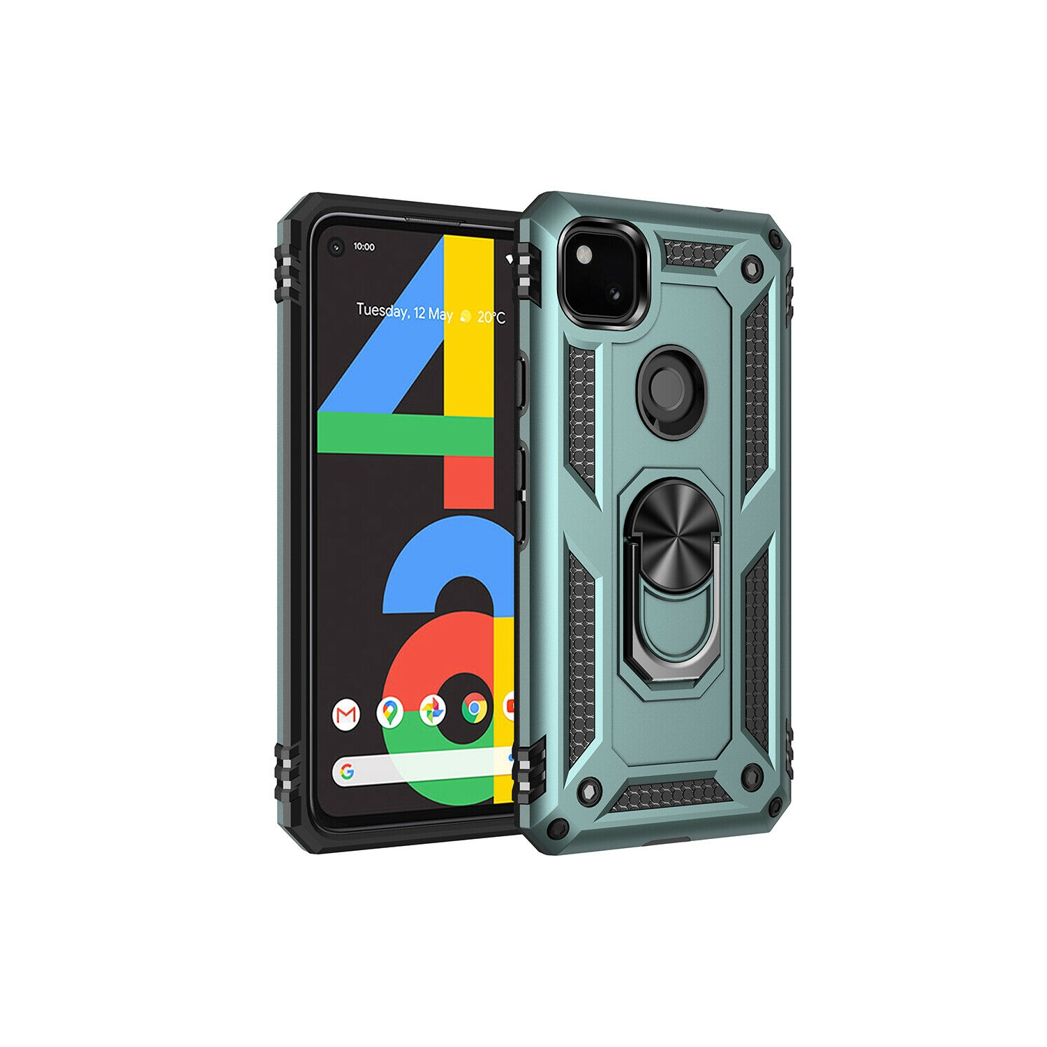 Siège d’armure magnétique hybride résistant aux chutes avec support à anneau pour Pixel 4a, vert minuit