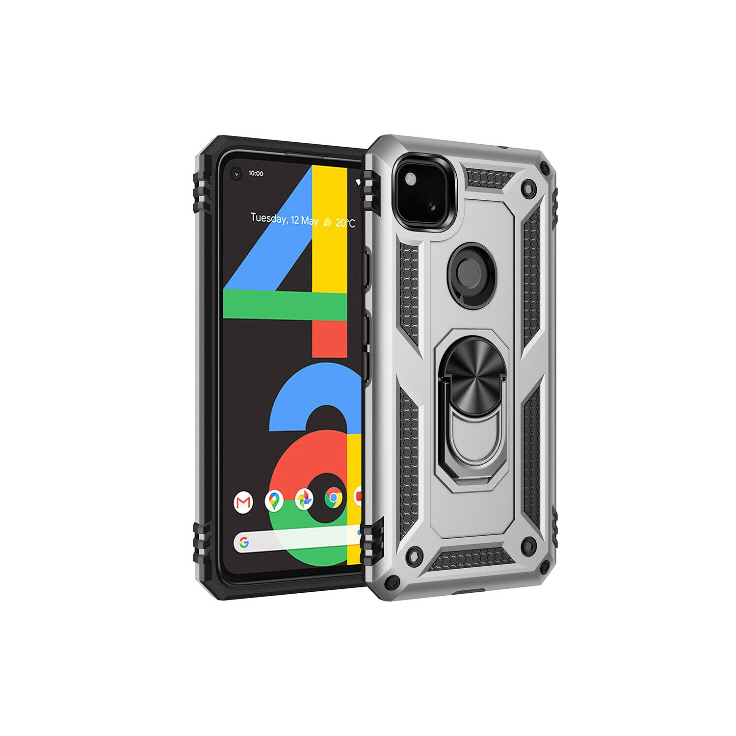 【CSmart】 Étui rigide magnétique hybride anti-chute avec support d'anneau pour Pixel 4a, argent