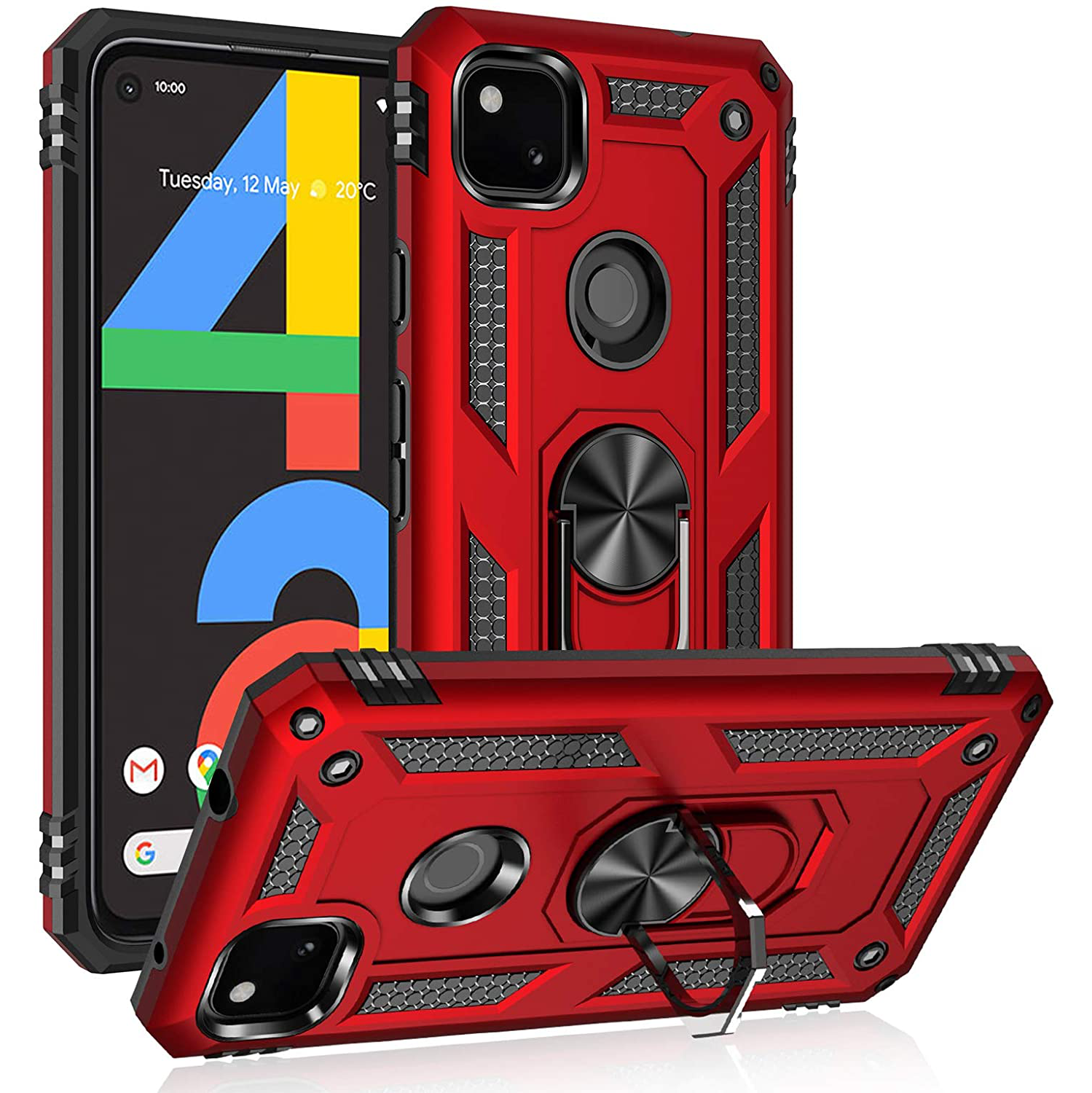【CSmart】 Anti-Drop Hybrid Magnetic Hard Armor Case with Ring Holder for Pixel 4a, Red