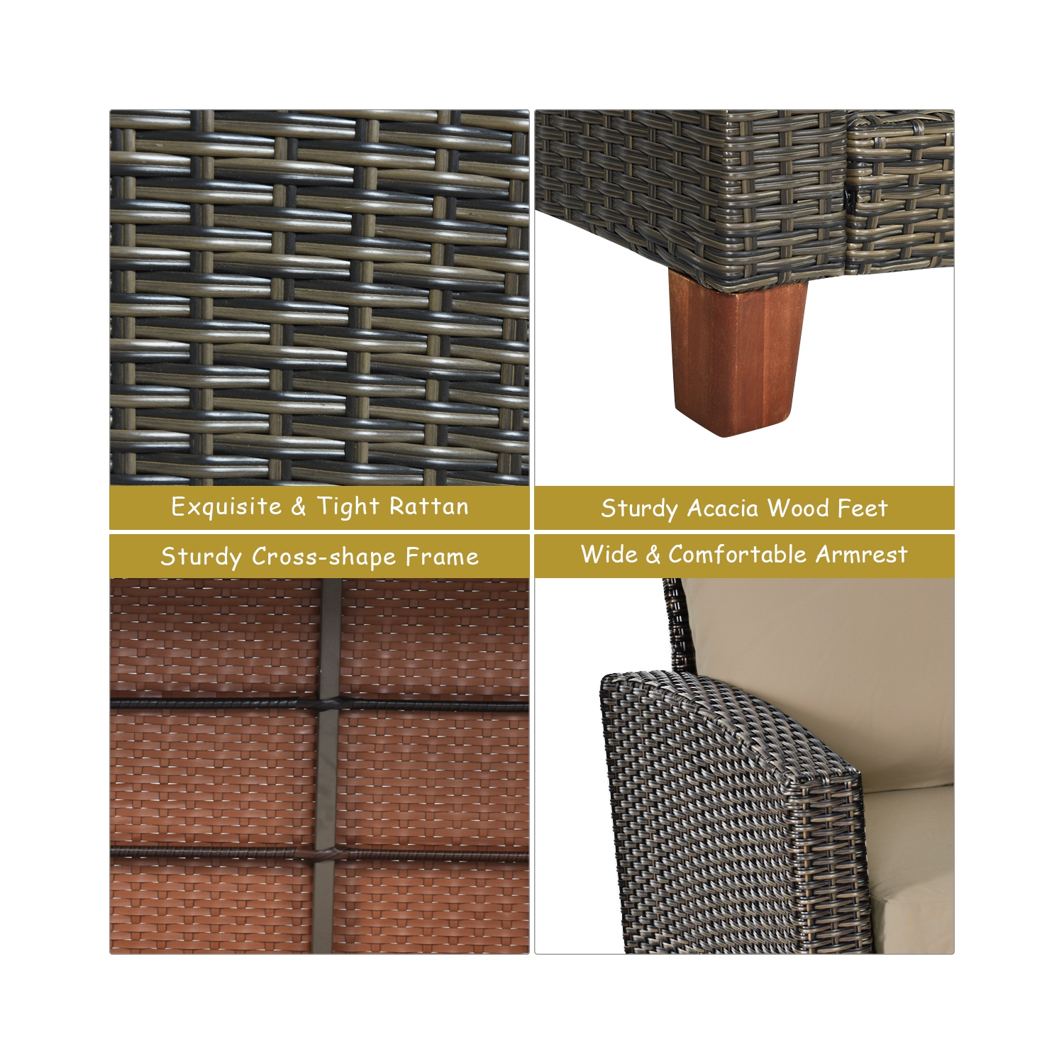 Lot de 8 meubles de patio en rotin Costway, avec pieds en bois massif, cousins rembourrés, Jardin, pelouse