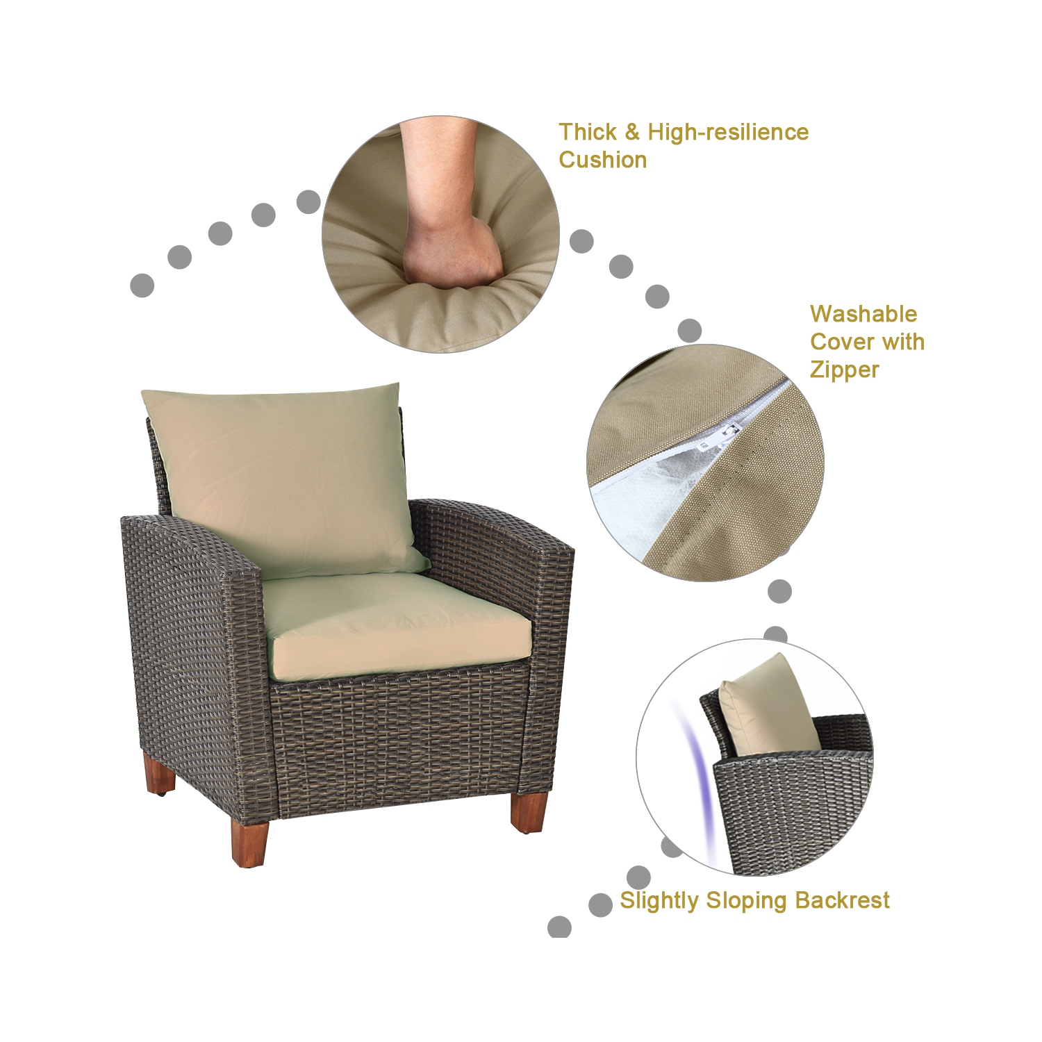 Lot de 8 meubles de patio en rotin Costway, avec pieds en bois massif, cousins rembourrés, Jardin, pelouse