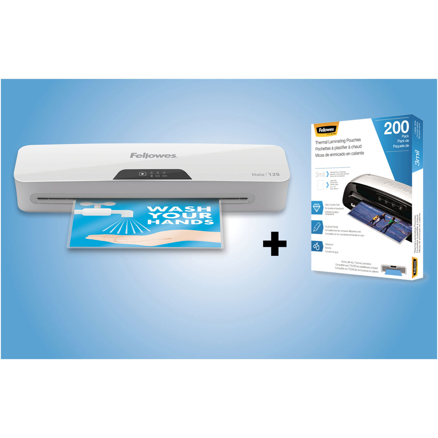 Trousse de démarrage avec plastifieuse 12,5 po Halo 125 de Fellowes et pochettes pour bureau/magasin
