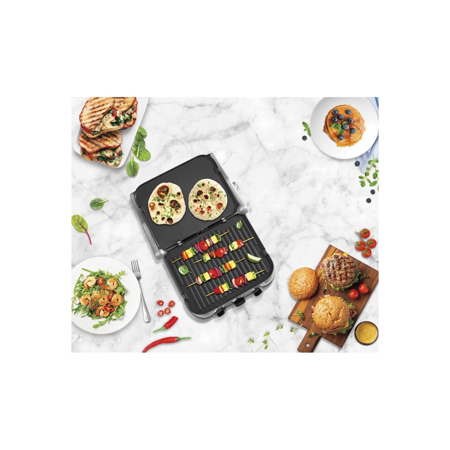 Gril/plaque chauffante 5-en-1 CGR-4NEC en argent avec plaques antiadhésives réversibles de Cuisinart