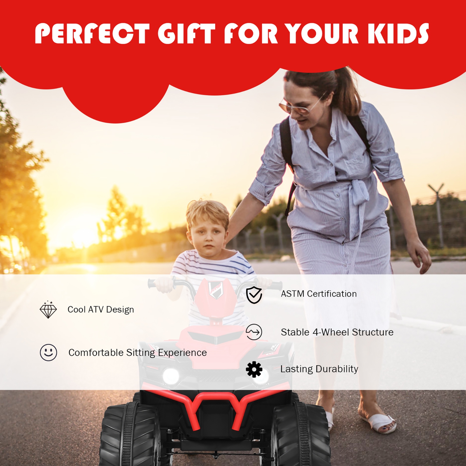 Costway 12V Kids 4-Wheeler ATV Quad Ride On Car w/ LED Lights Music Bluetooth USB