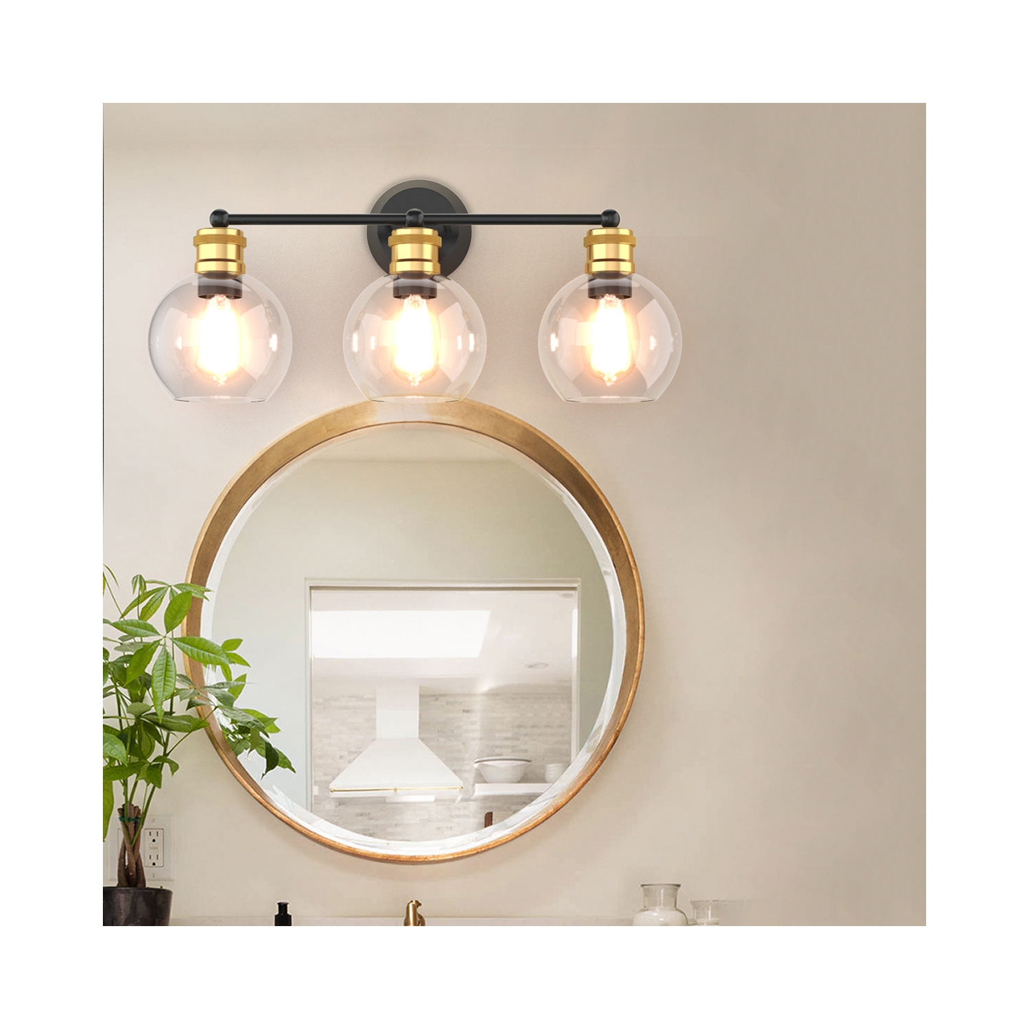 Costway 3-light Vanity Bathroom Light w/ 7'' Round Clear Glass Shade Vintage Wall Sconce