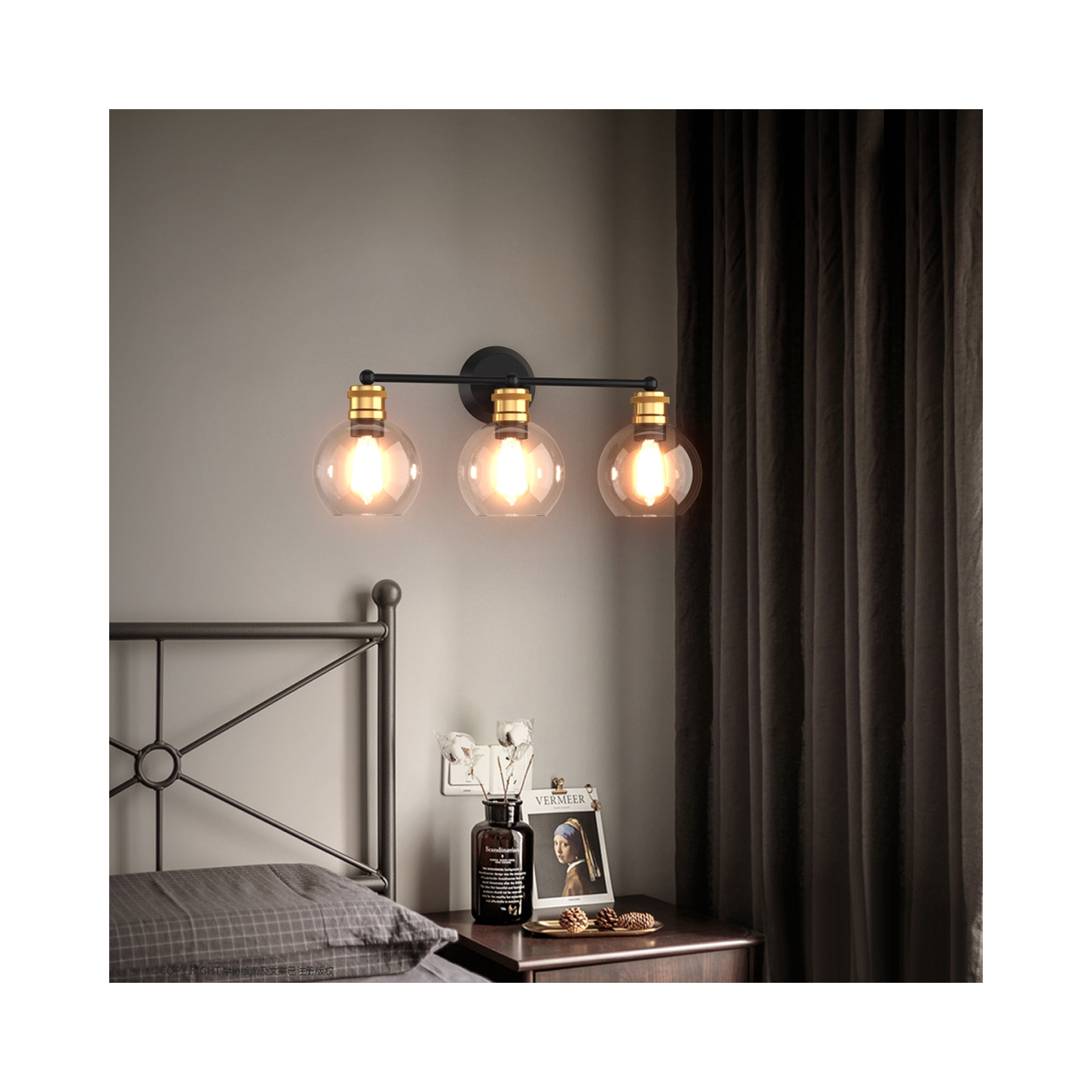 Costway 3-light Vanity Bathroom Light w/ 7'' Round Clear Glass Shade Vintage Wall Sconce