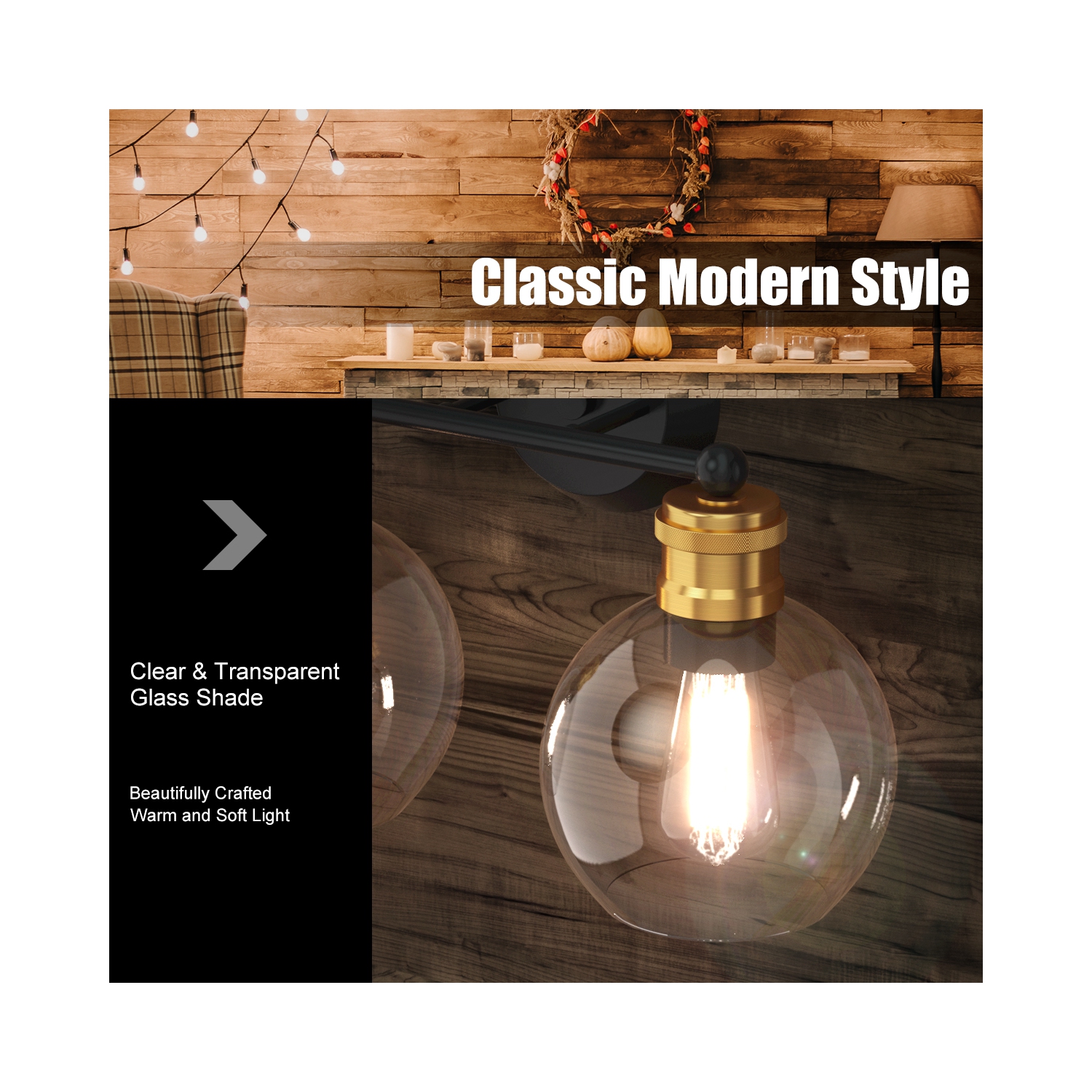 Costway 3-light Vanity Bathroom Light w/ 7'' Round Clear Glass Shade Vintage Wall Sconce