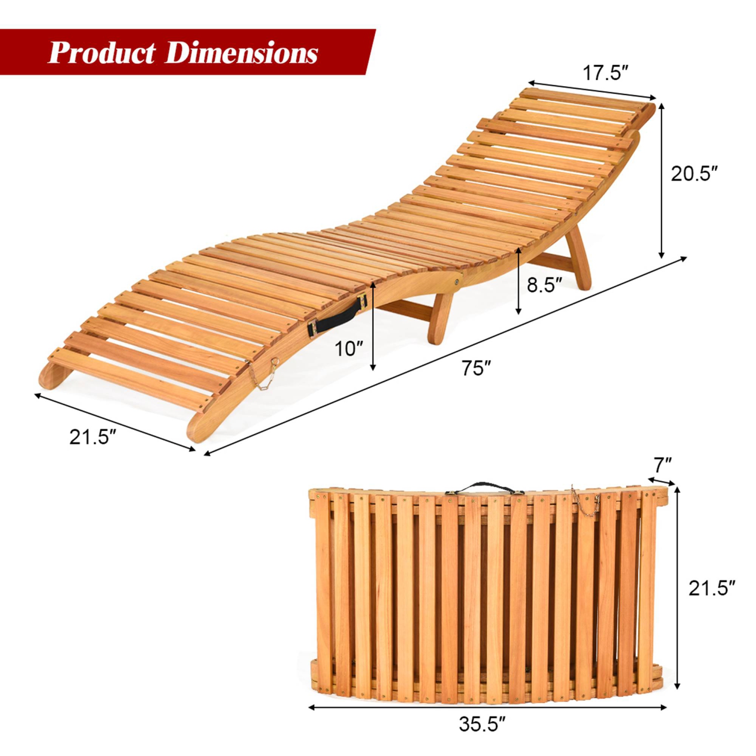 Costway 2 PCS Folding Wooden Outdoor Lounge Chair Chaise Red/White Cushion Pad Pool Deck