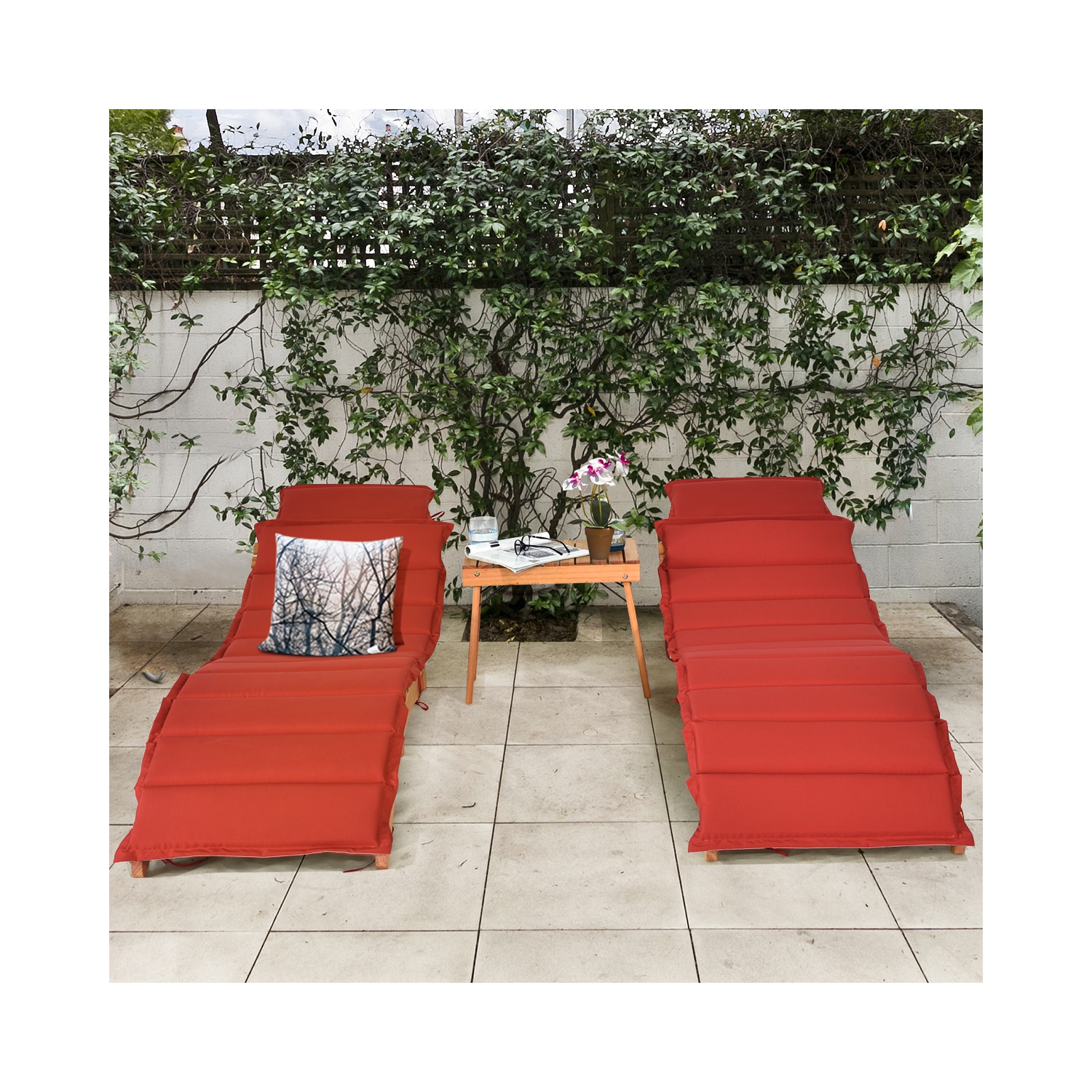 Costway 2 PCS Folding Wooden Outdoor Lounge Chair Chaise Red/White Cushion Pad Pool Deck