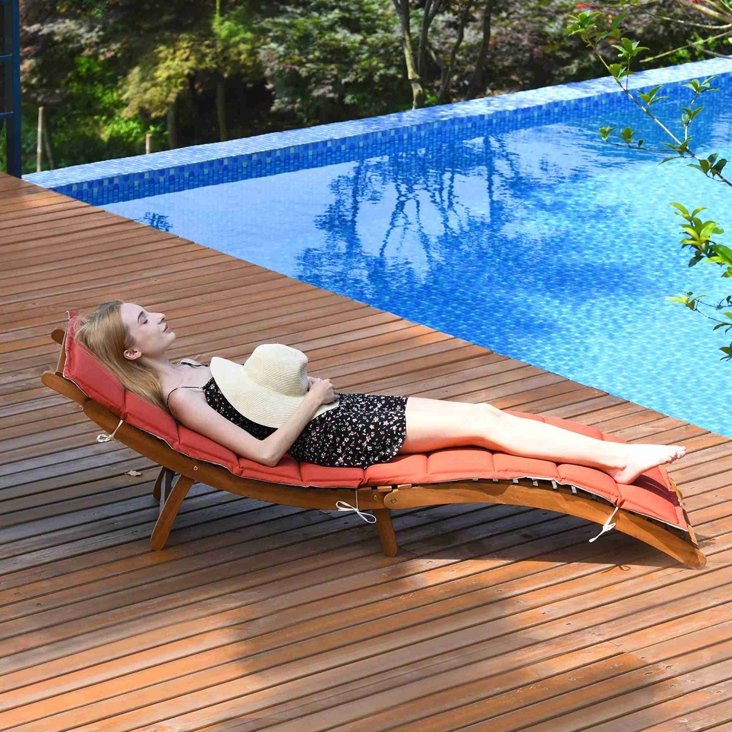 Costway 2 PCS Folding Wooden Outdoor Lounge Chair Chaise Red/White Cushion Pad Pool Deck