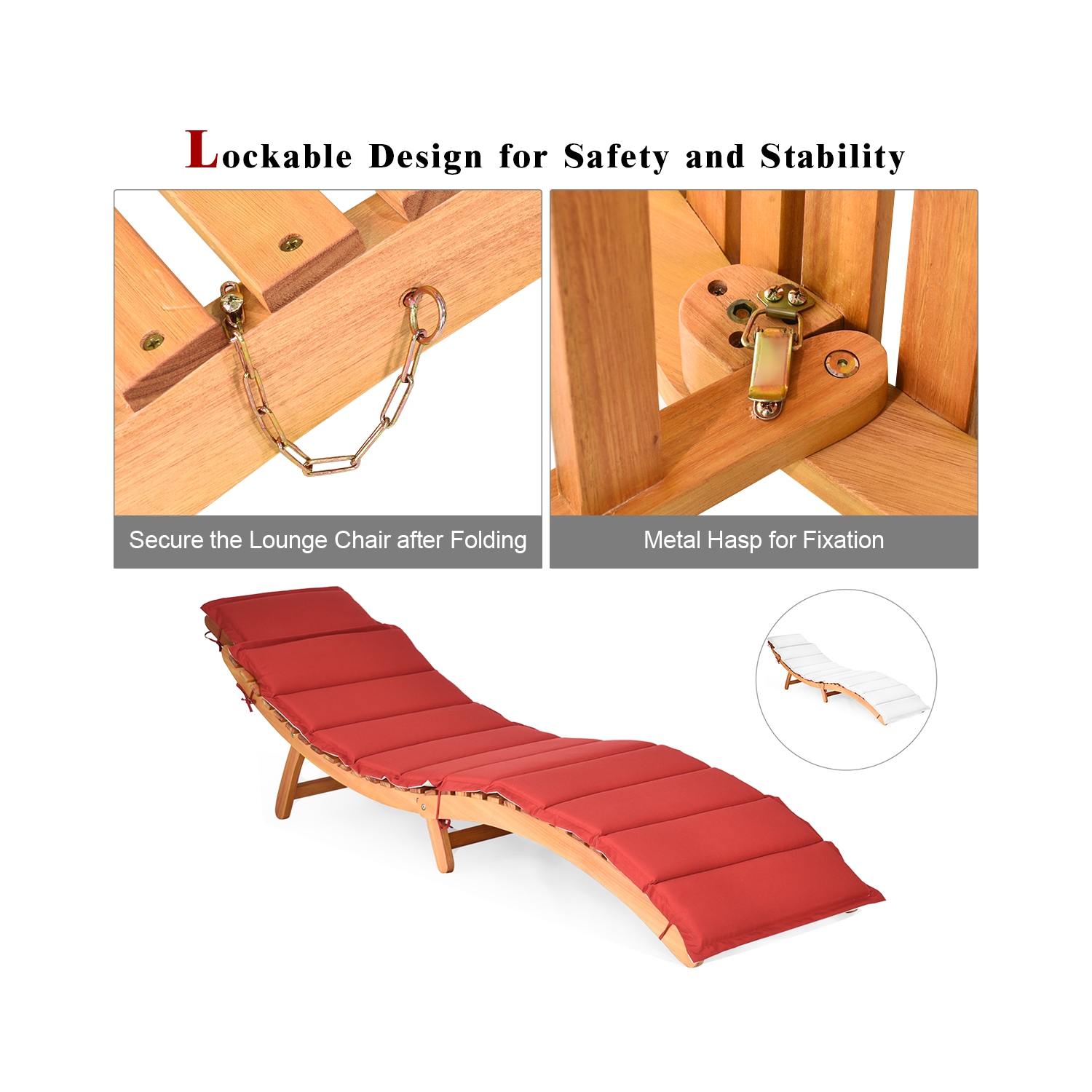 Costway 2 PCS Folding Wooden Outdoor Lounge Chair Chaise Red/White Cushion Pad Pool Deck
