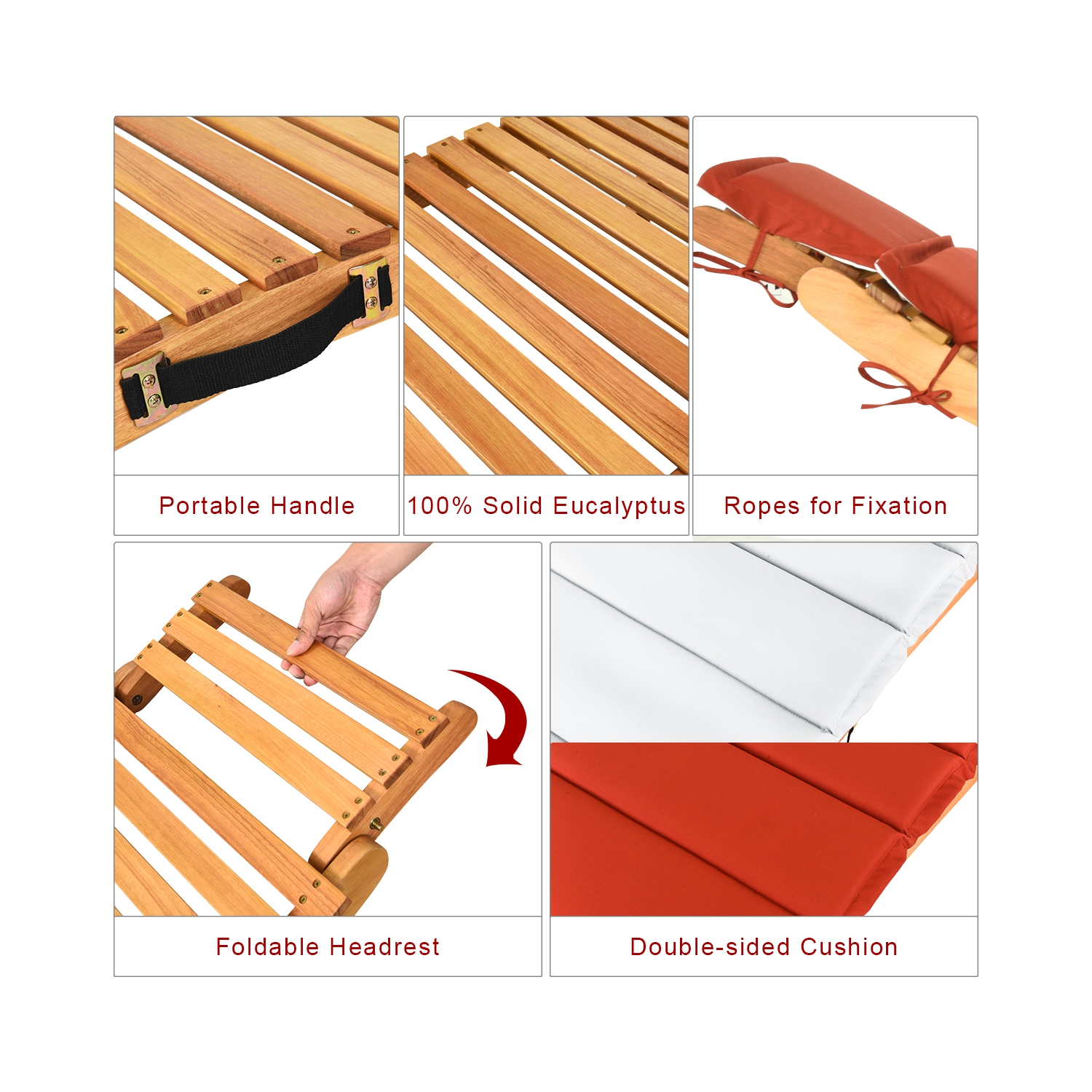 Costway 2 PCS Folding Wooden Outdoor Lounge Chair Chaise Red/White Cushion Pad Pool Deck