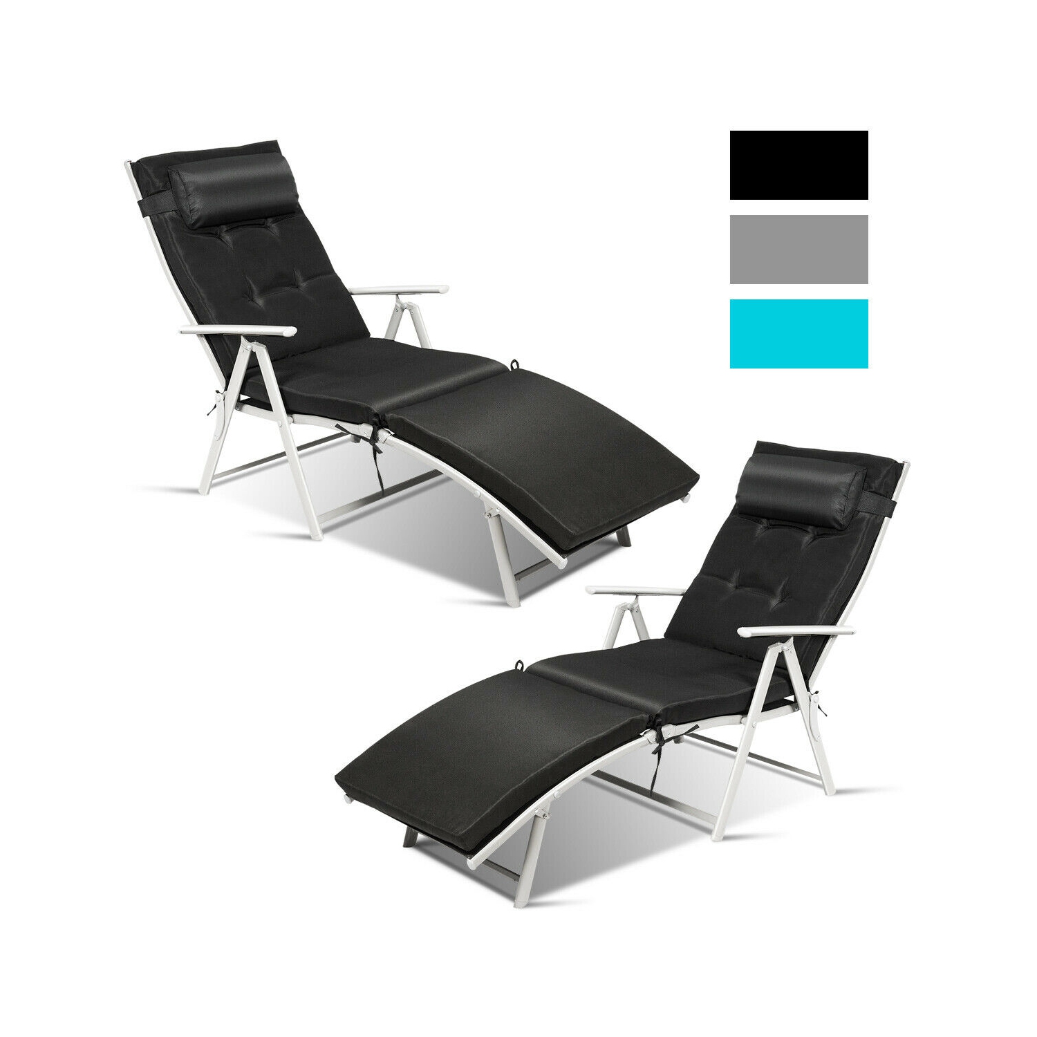 Costway 2PC Folding Chaise Lounge Chair w/Cushion BlackGrayTurquoise