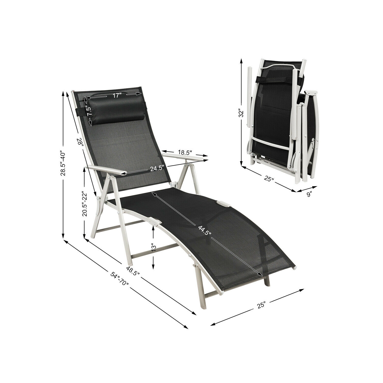 Costway 2PC Folding Chaise Lounge Chair w/Cushion BlackGrayTurquoise