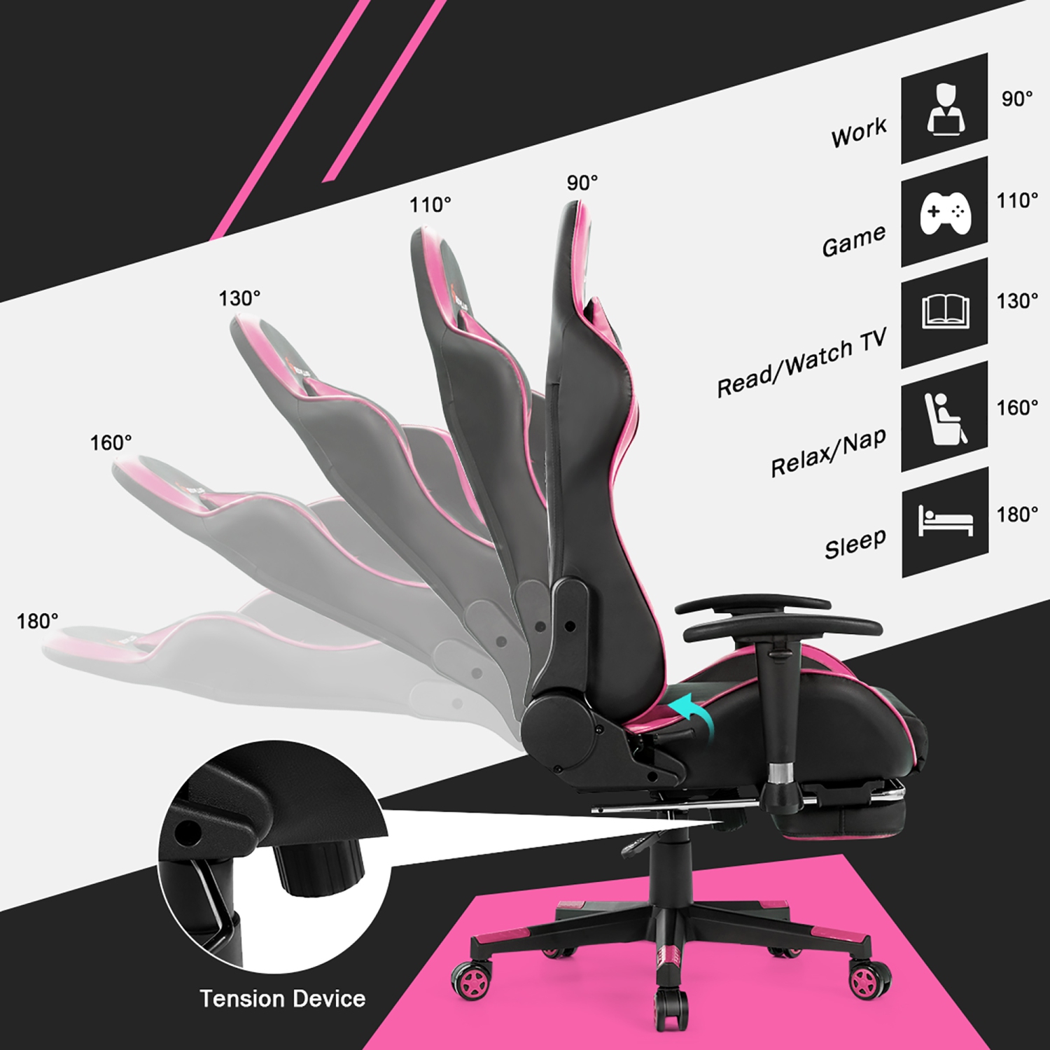 Fauteuil de jeu ergonomique Goplus - Chaise de bureau inclinable avec repose-pieds