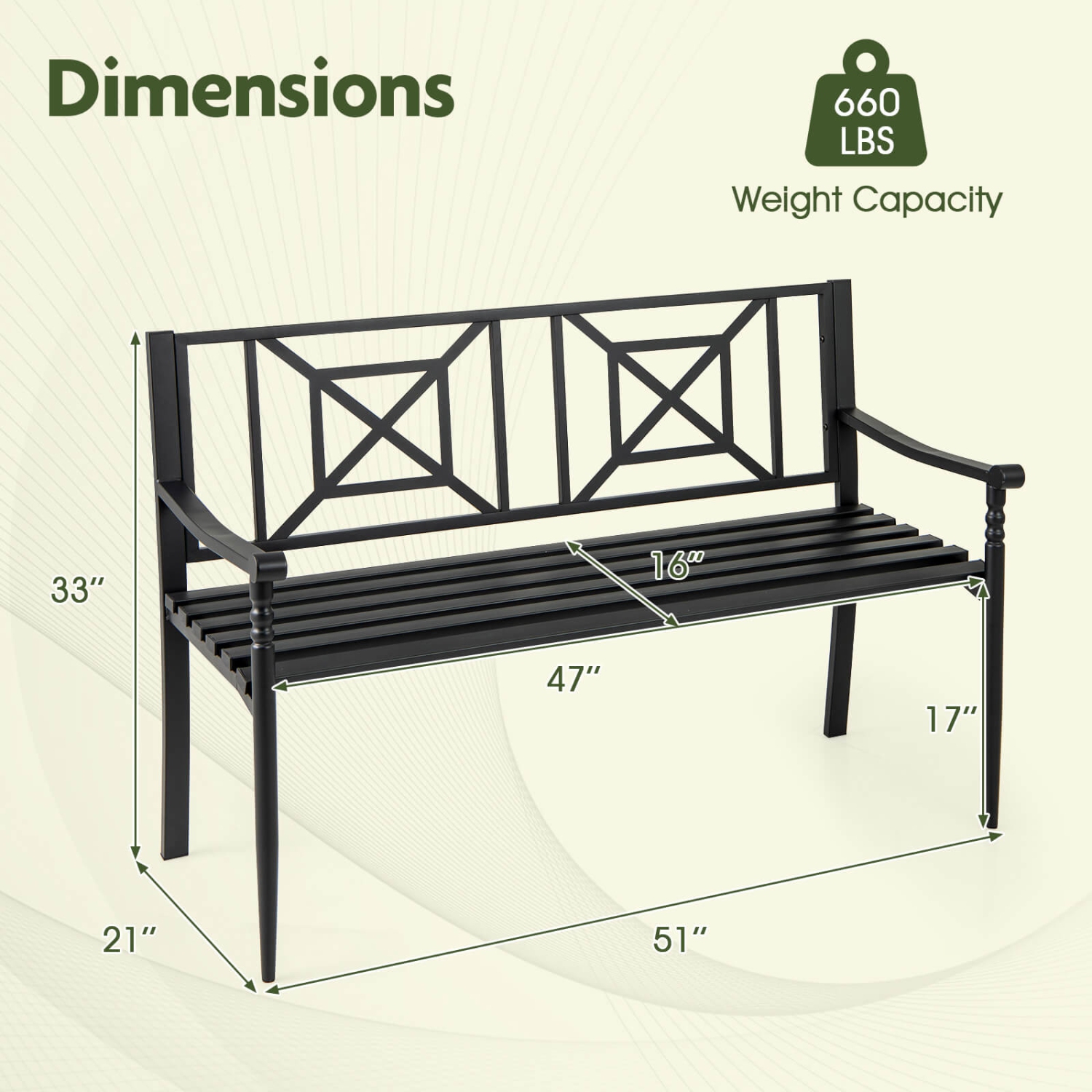 Costway Patio Garden Bench Steel Frame Park Yard Outdoor Furniture Porch Chair Black