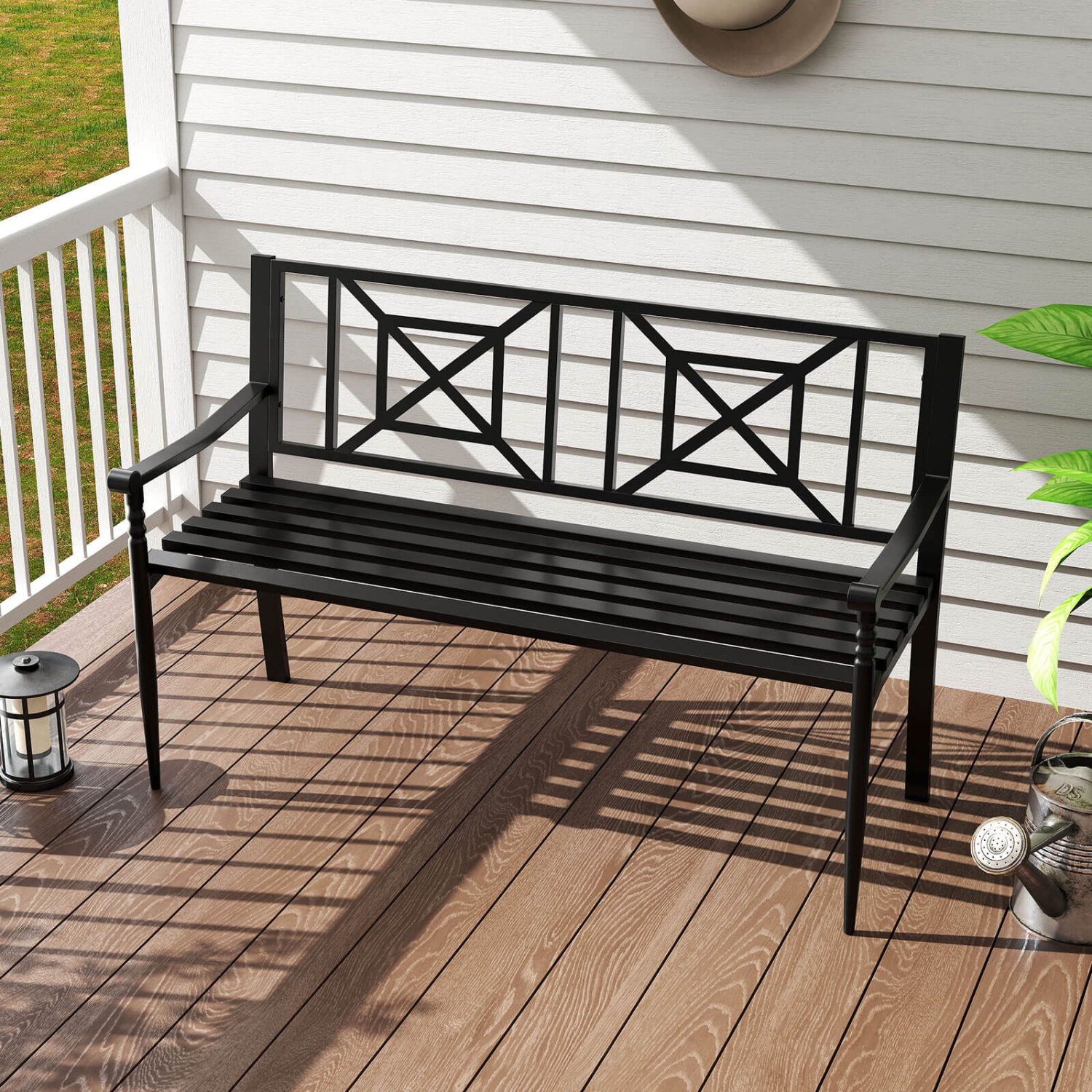 Costway Patio Garden Bench Steel Frame Park Yard Outdoor Furniture Porch Chair Black