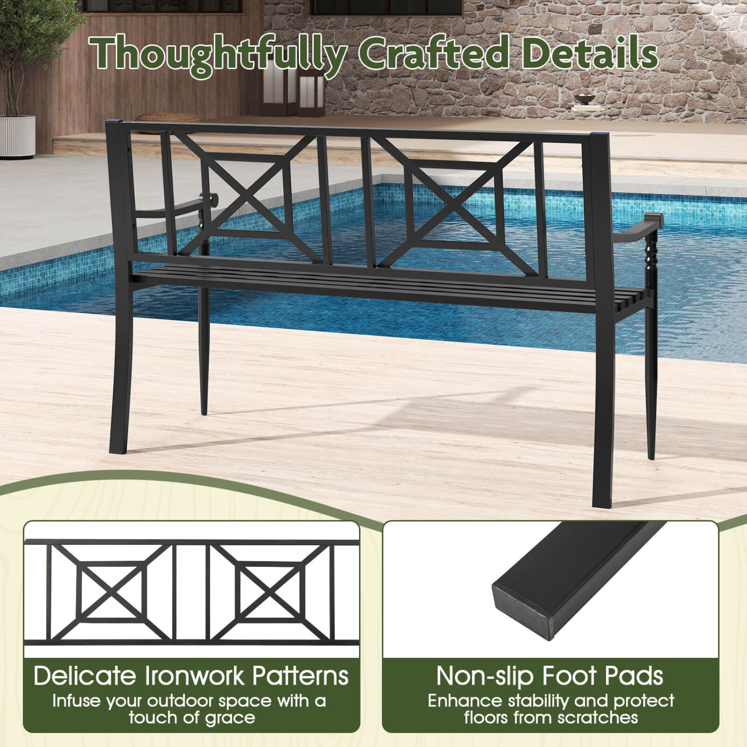 Costway Patio Garden Bench Steel Frame Park Yard Outdoor Furniture Porch Chair Black