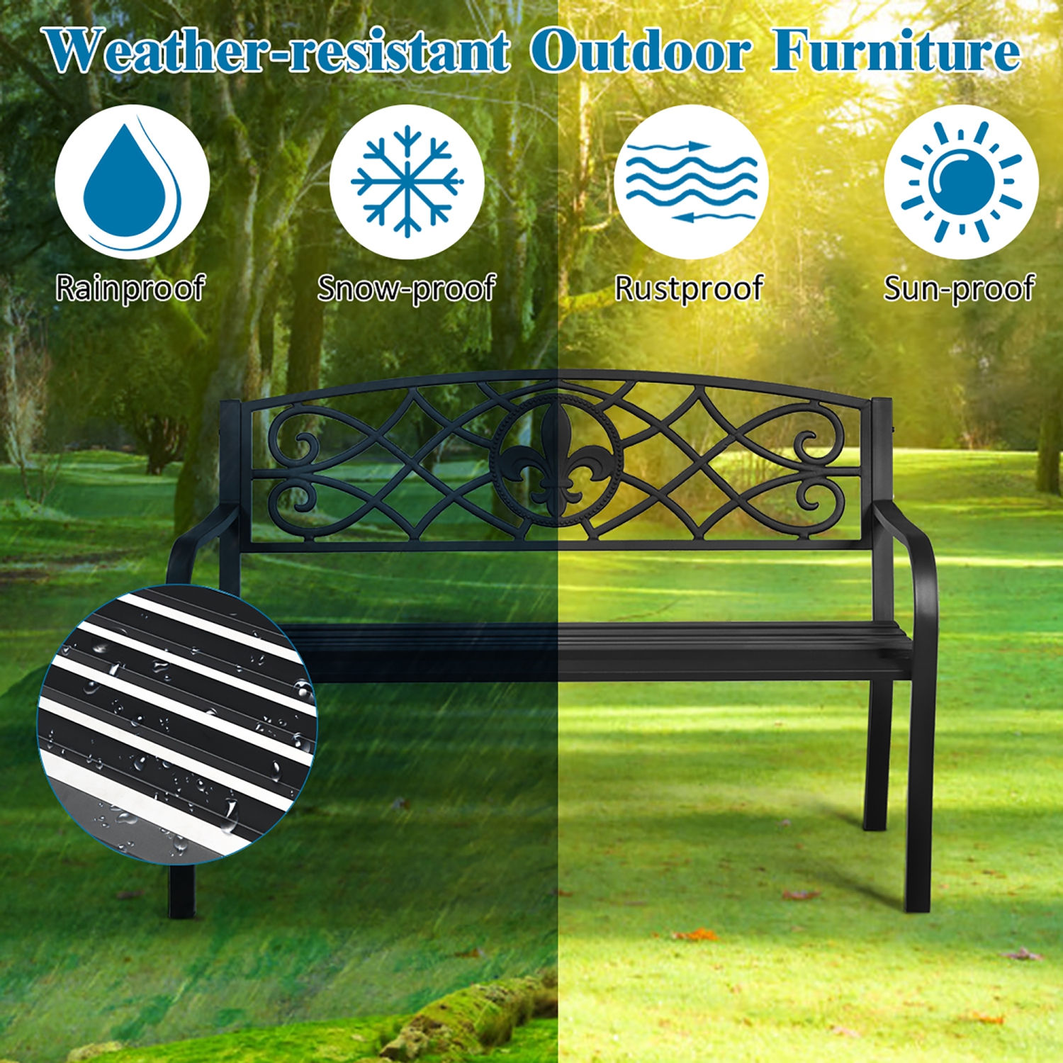 Costway Patio Garden Bench Park Yard Outdoor Furniture Steel Slats Porch Chair Seat