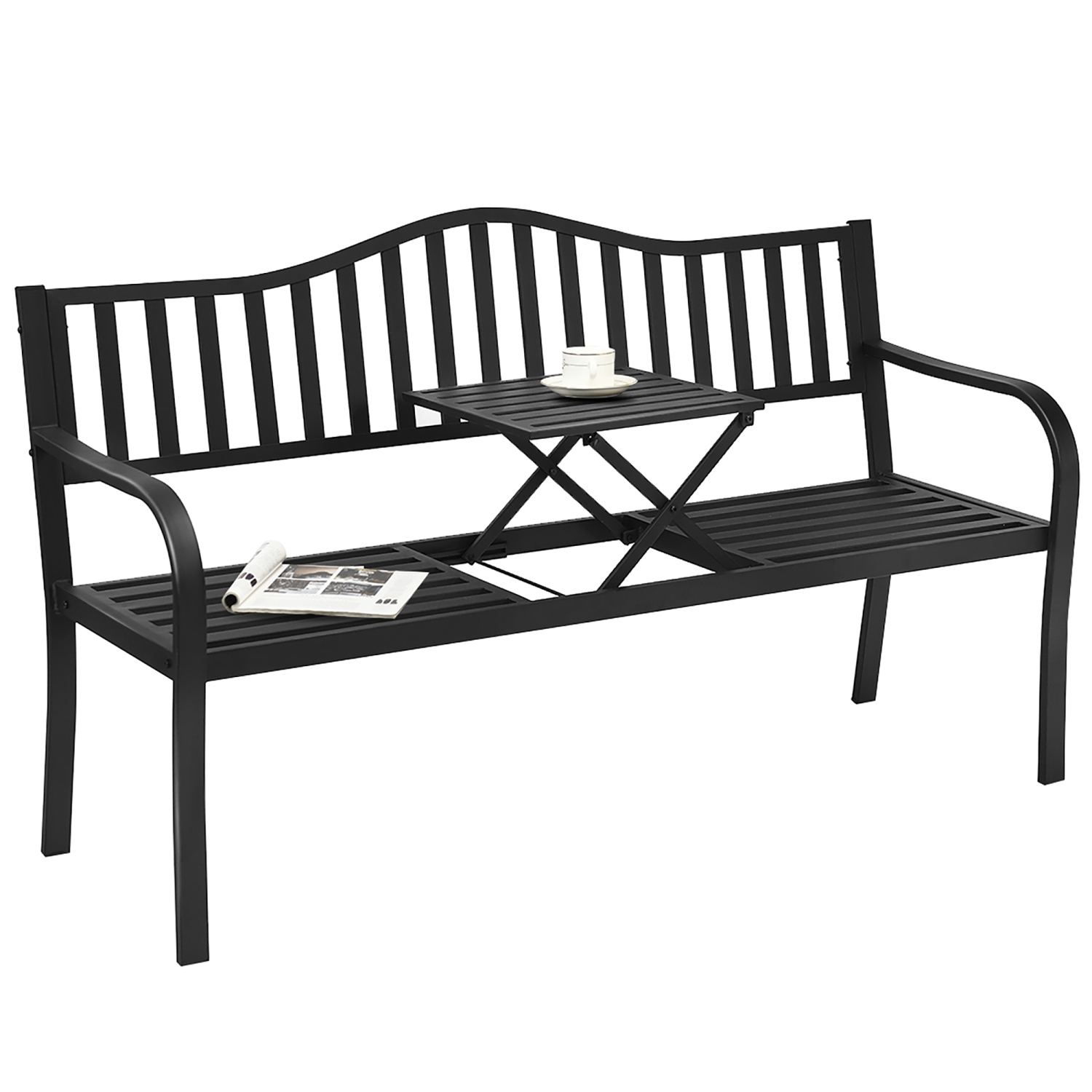 Costway Patio Garden Bench Steel Frame Adjustable Center Table Outdoor Porch Loveseats