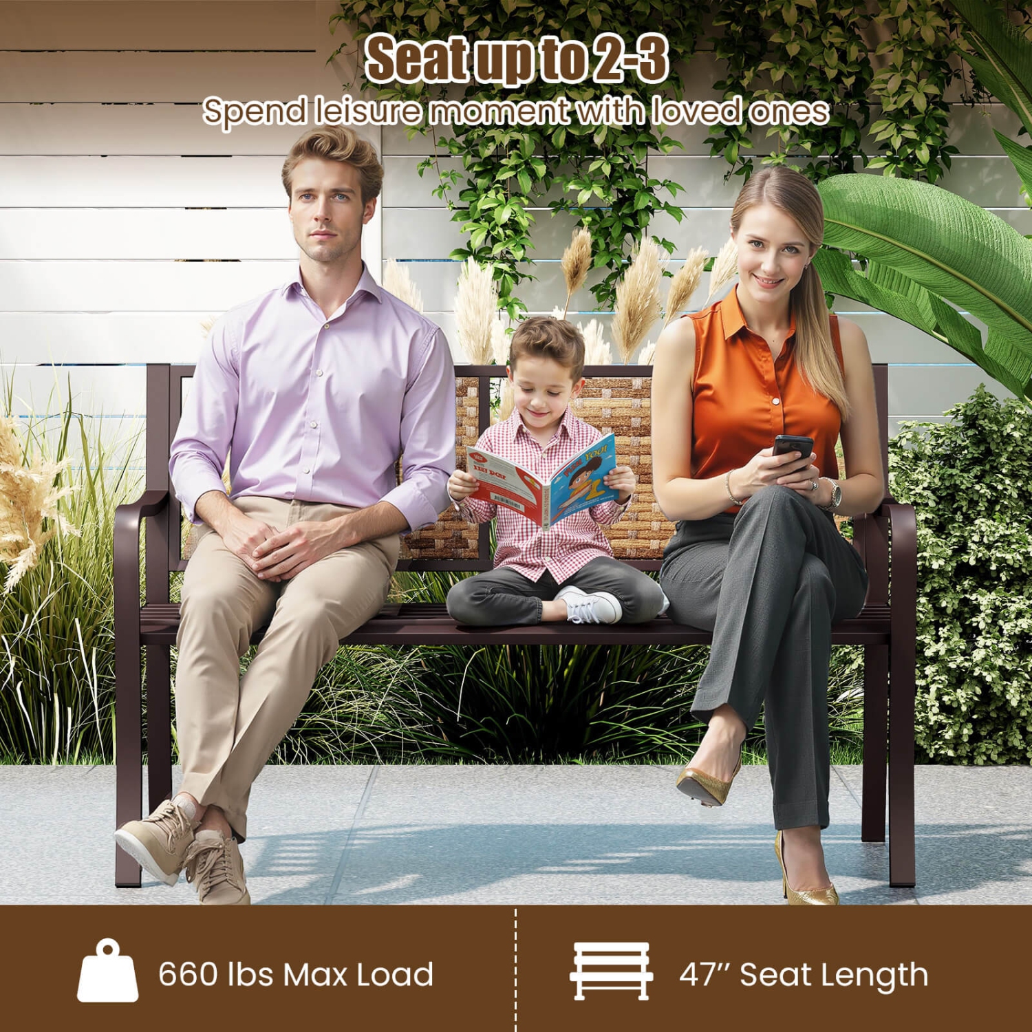 Costway Patio Garden Bench Steel Frame Rattan Backrest Park Yard Outdoor Porch Furniture