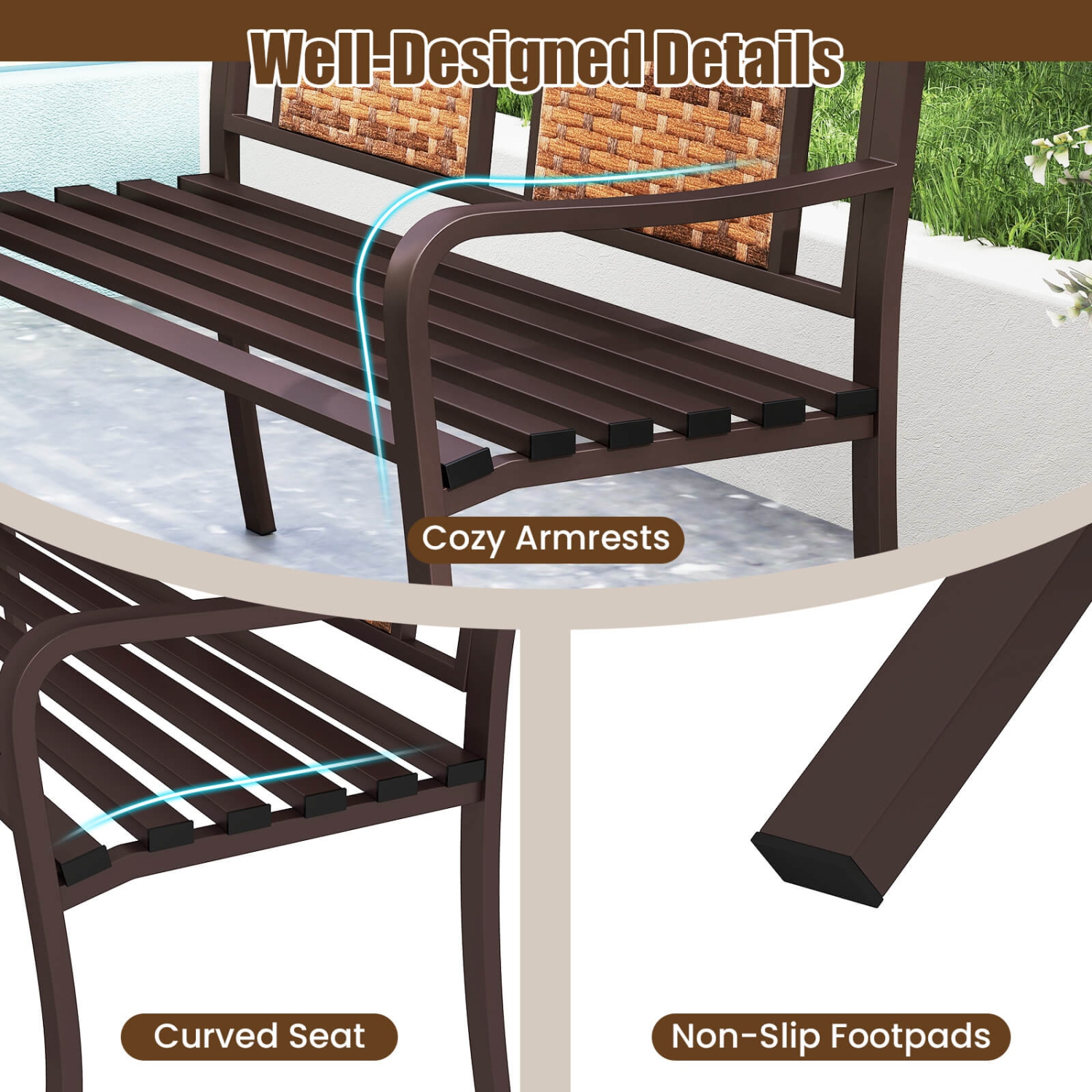 Costway Patio Garden Bench Steel Frame Rattan Backrest Park Yard Outdoor Porch Furniture