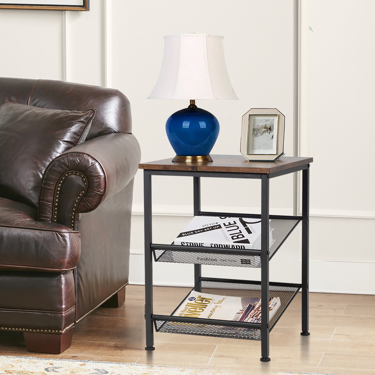 Costway Set of 2 3-Tier Industrial End Side Table Nightstand W/2 Adjustable Shelves