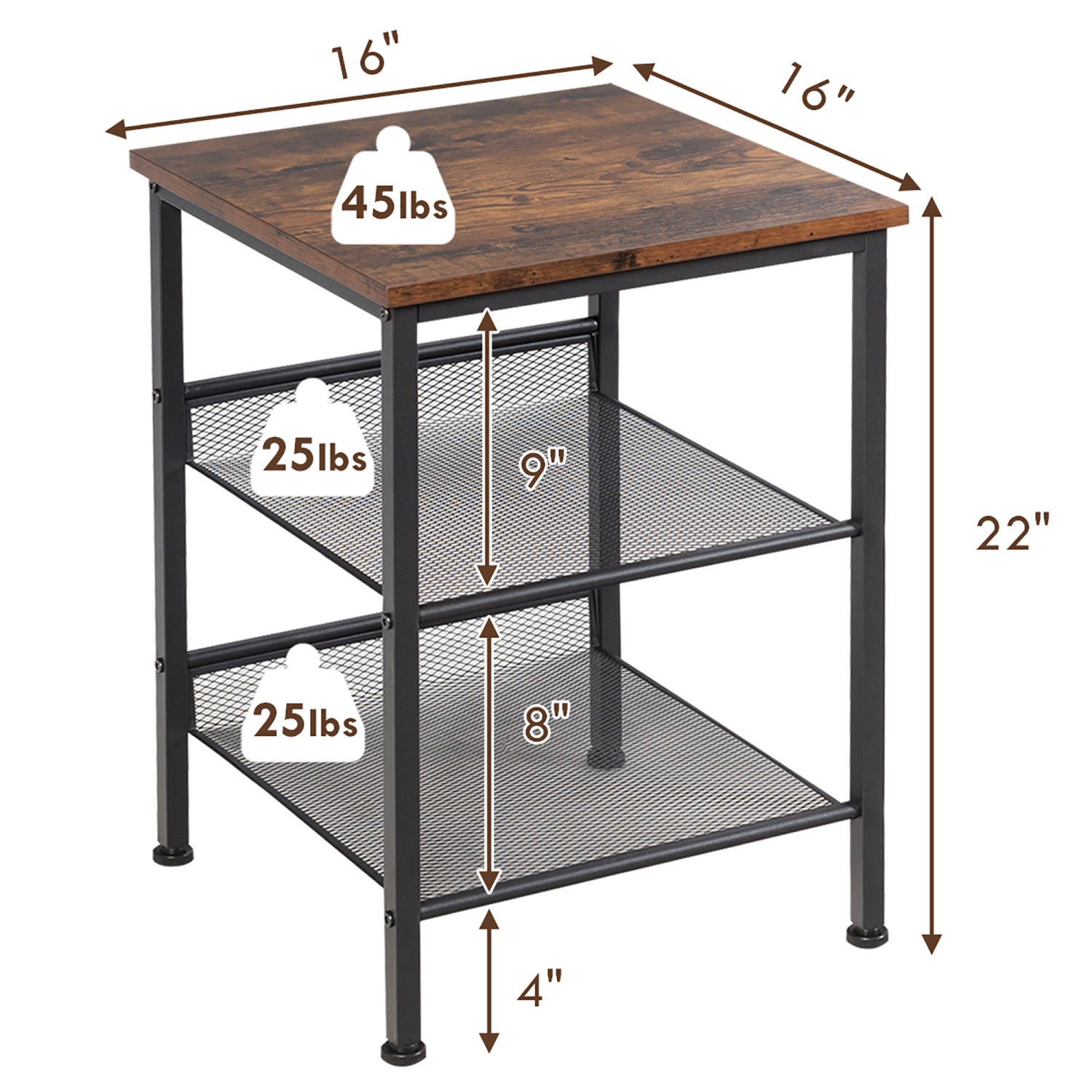 Costway Set of 2 3-Tier Industrial End Side Table Nightstand W/2 Adjustable Shelves