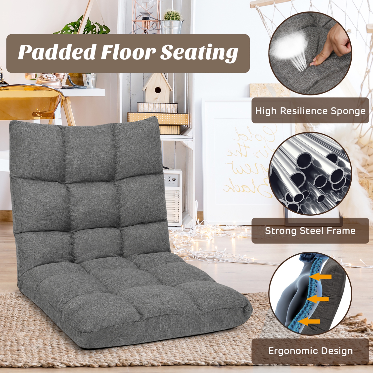 Costway Adjustable 14-Position Floor Chair Folding Lazy Gaming Sofa Lounge Chair