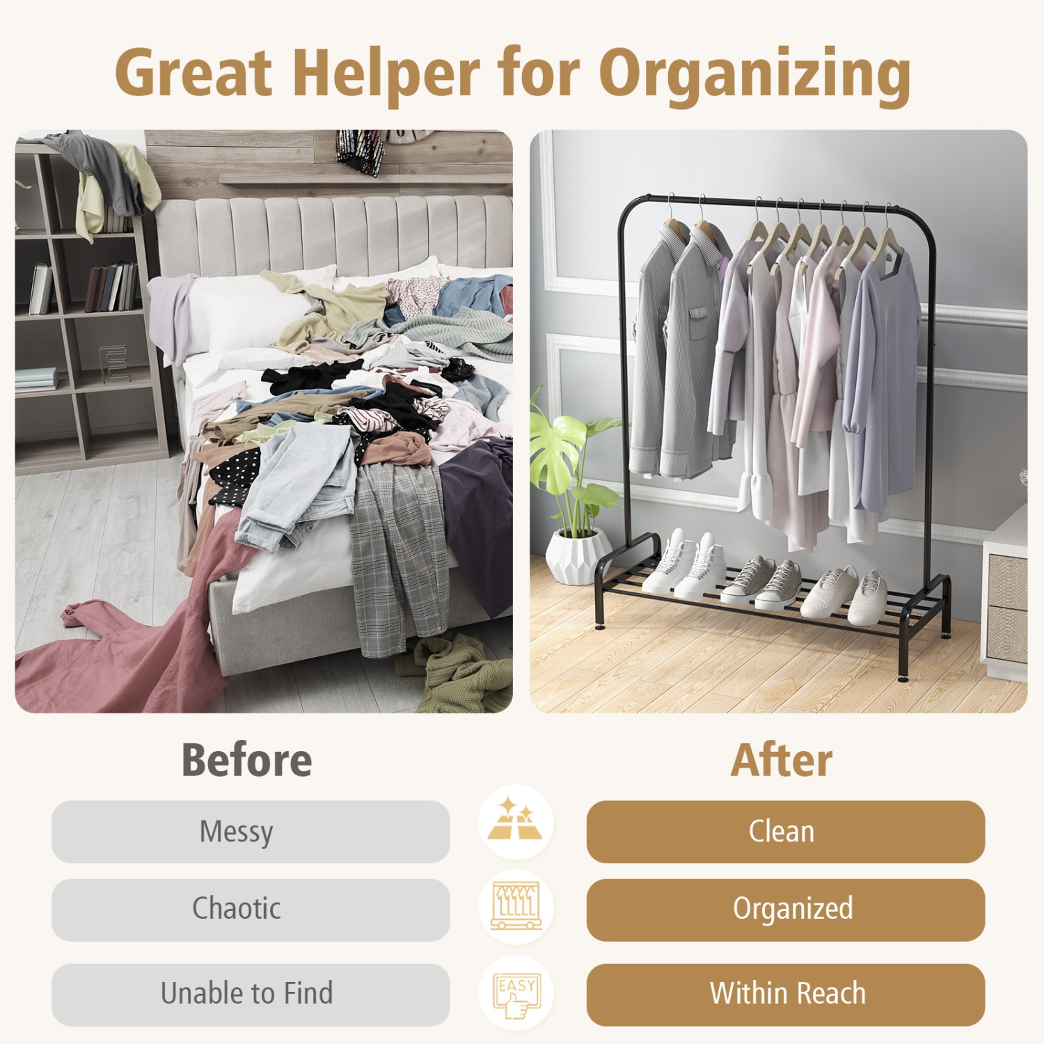 Support à vêtements robuste en métal de CostwayIndustrial avec tablette de rangement pour chaussures